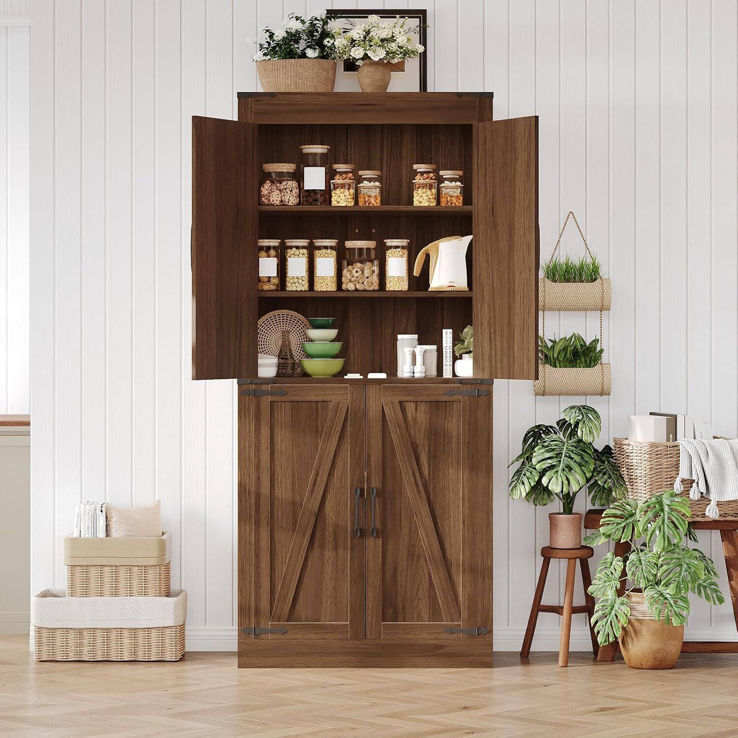 Left. GARVEE - 71in Tall Farmhouse Kitchen Pantry Storage Cabinet with 4 Barn Doors and Adjustable Shelves - Brown.
