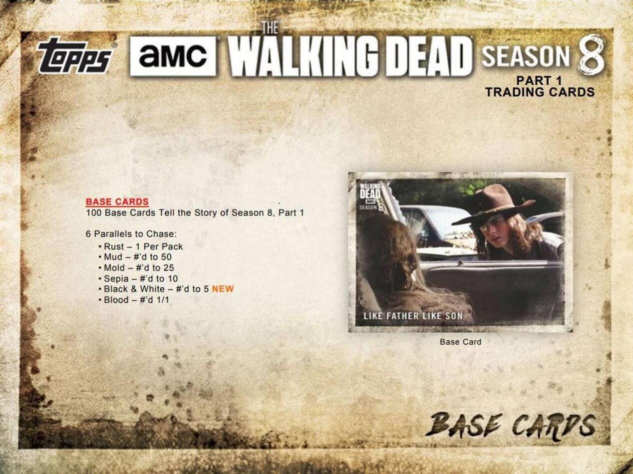 THE TOPPS AMC WALKING DEAD SEASON 8 PART 1 TRADING CARDS BASE CARDS 100 Base Cards Tell the Story of Season 8, Part 1 WALKING DEAD SEASON 6 Parallels to Chase: Rust - 1 Per Pack Mud - #d to 50 Mold - #d to 25 Sepia - #d to 10 Black & White - #d to 5 NEW Blood - #d 1/1 LIKE FATHER LIKE SON Base Card BASE CARDS