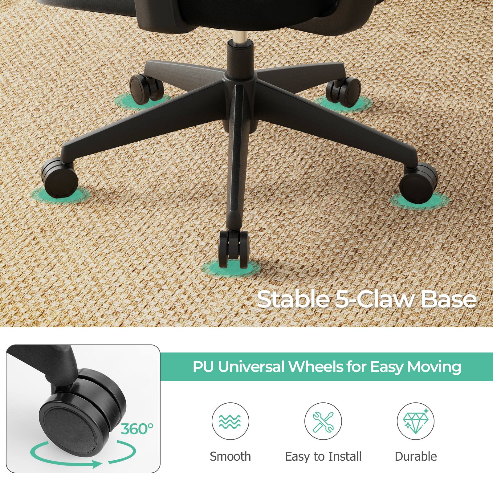 Stable 5-Claw Base PU Universal Wheels for Easy Moving 360 Smooth Easy to Install Durable