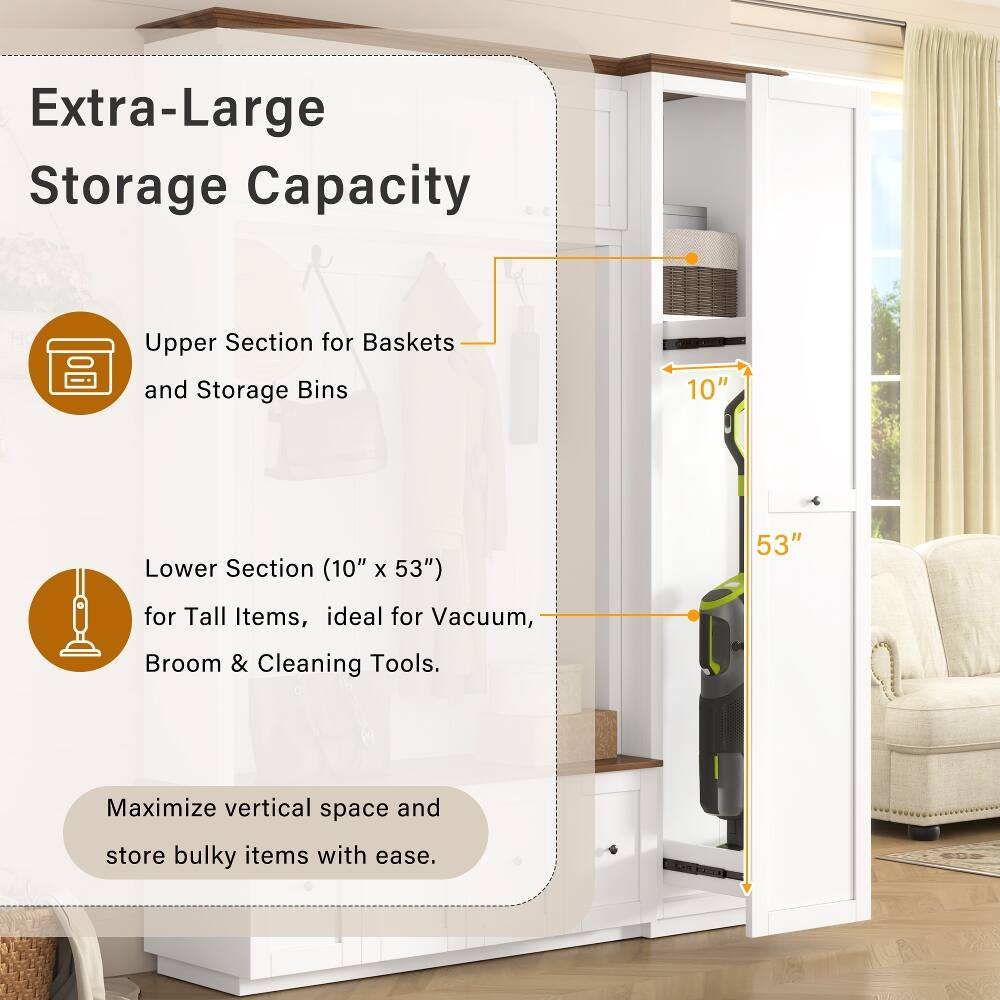 Extra-Large Storage Capacity

Upper Section for Baskets and Storage Bins

Lower Section (10" x 53") for Tall Items, ideal for Vacuum, Broom & Cleaning Tools.

Maximize vertical space and store bulky items with ease.
