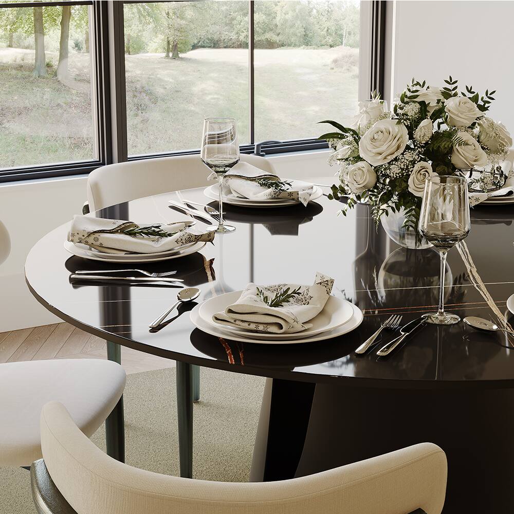 Alt View 4. POVISON - 59" Modern Round Kitchen Dining Table for 6, Glossy Pandora Sintered Stone Tabletop with Solid Bronze Carbon Steel Base - Pandora & Bronze Steel Base.