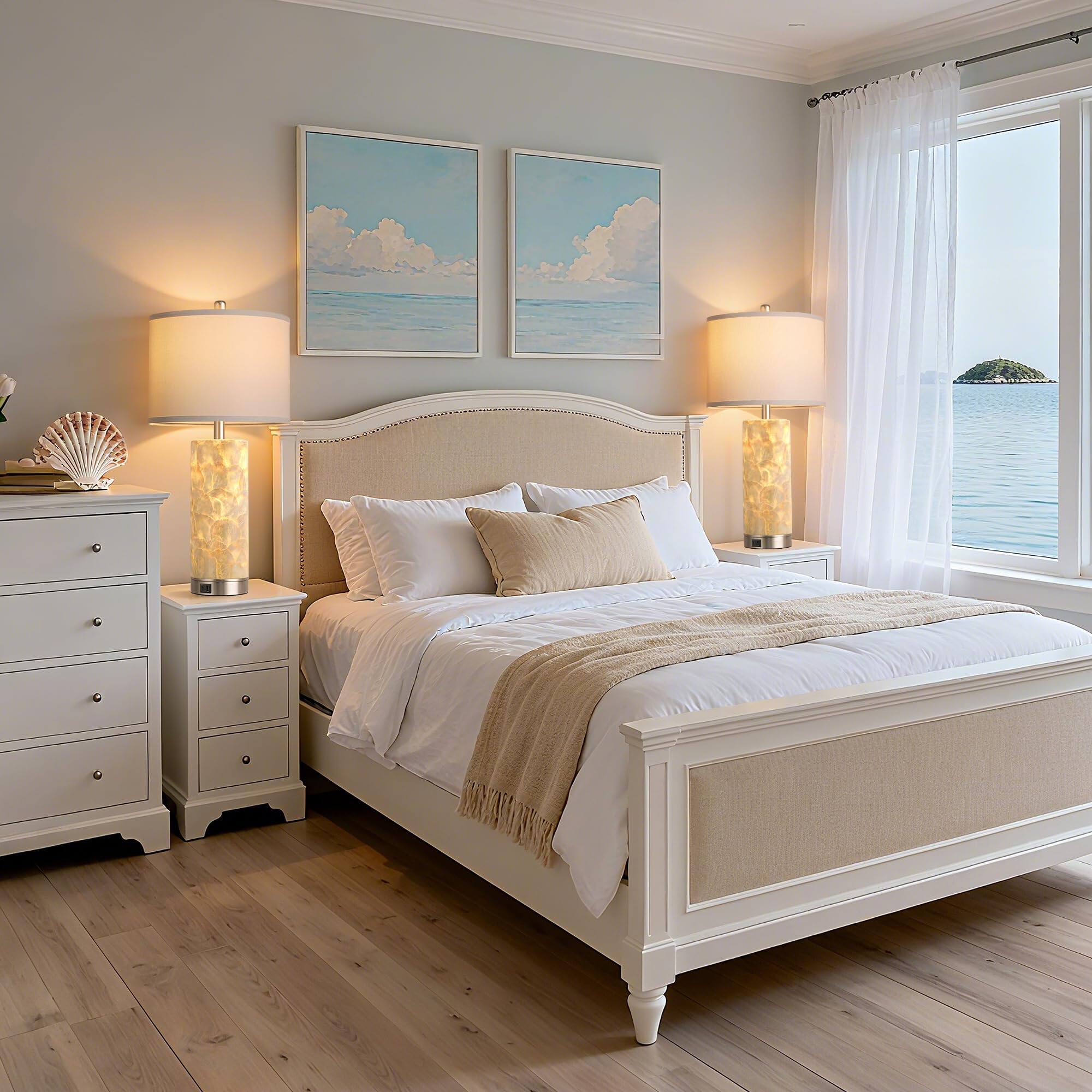 Alt View 2. Pawtners - Set of 2 Coastal Table Lamps with Seashell Design, USB A+C Ports & 4-Way Rotary Switch, Night Light.