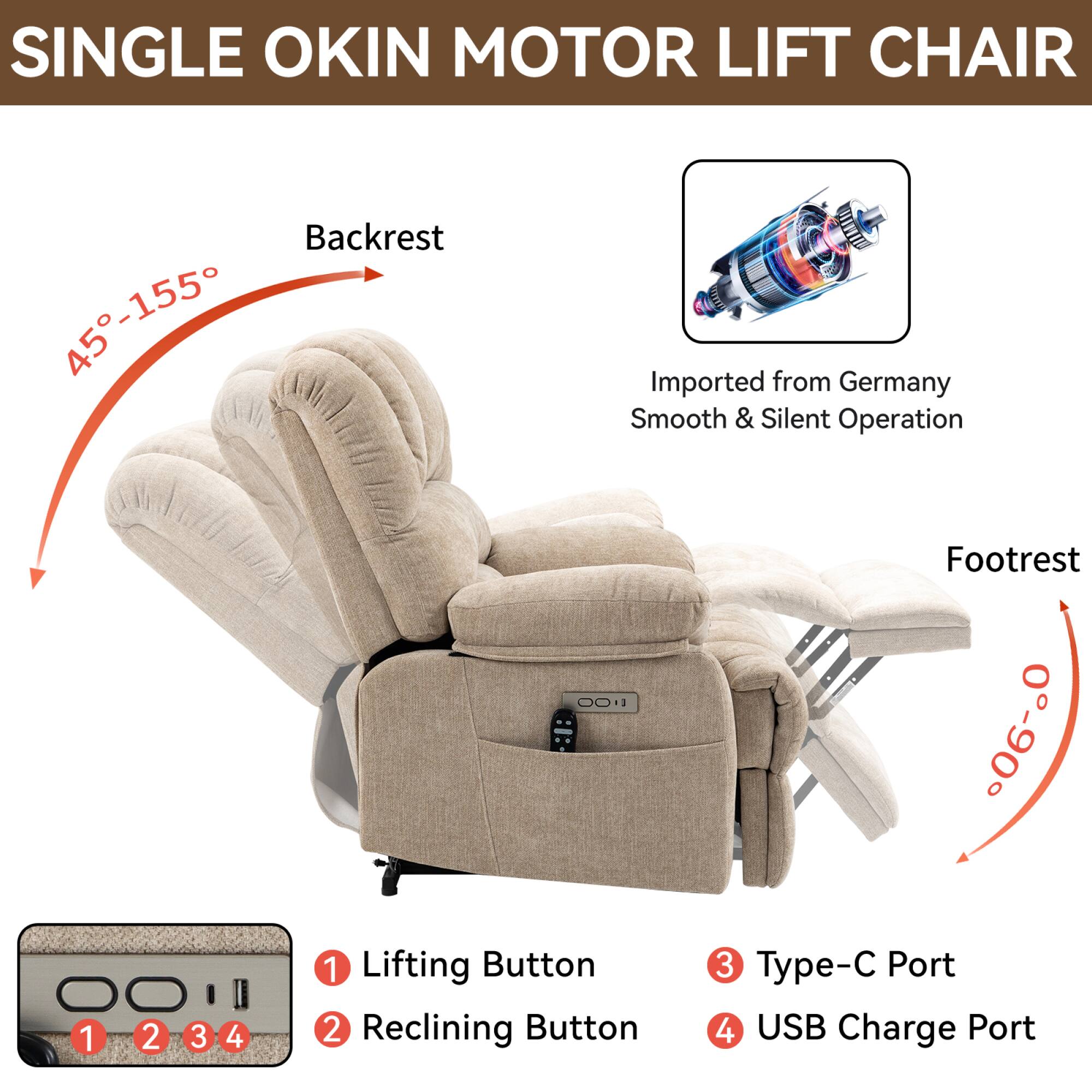 SINGLE OKIN MOTOR LIFT CHAIR

Backrest: 45°-155°

Footrest: 0°-60°

Imported from Germany
Smooth & Silent Operation

1. Lifting Button
2. Reclining Button
3. Type-C Port
4. USB Charge Port