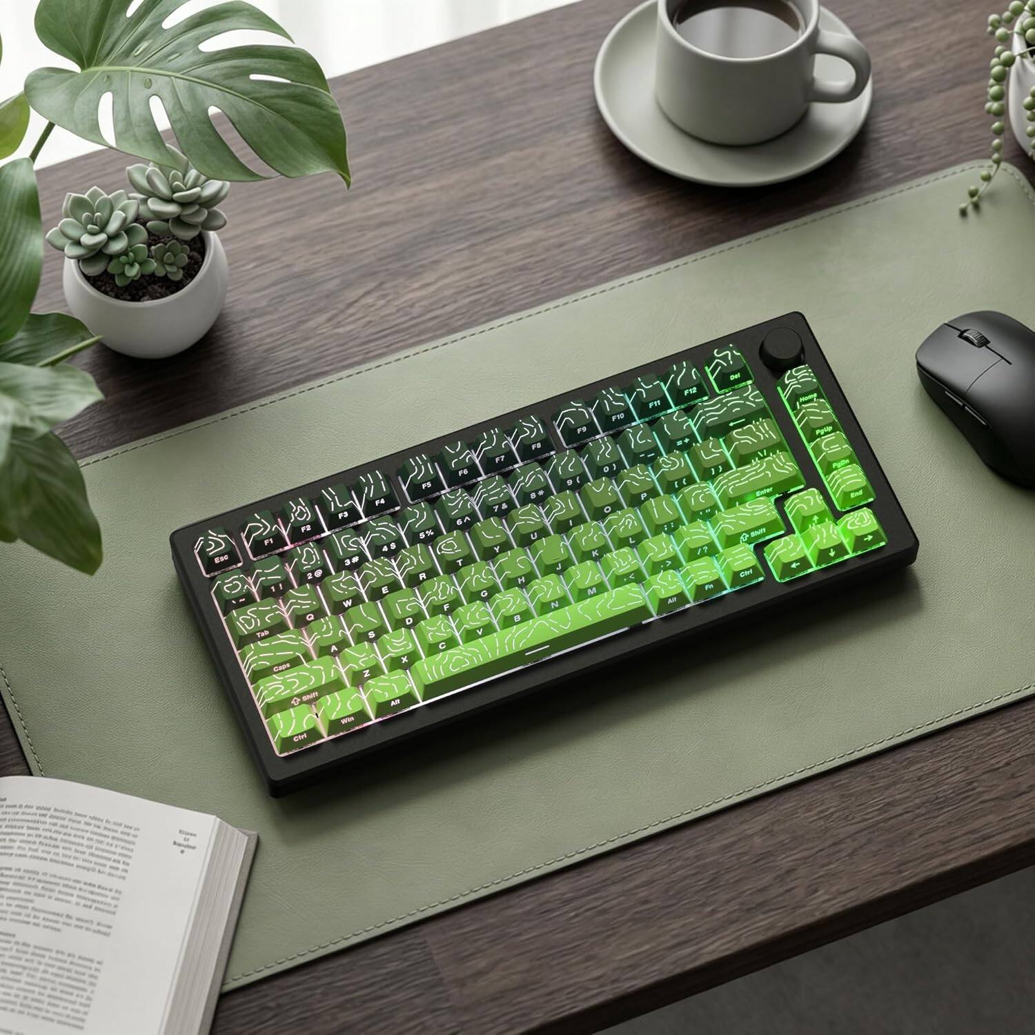 Back. Womier - Double Shot PBT keycaps,Topographic Keys Cherry Profile Key caps for All US Layout Mechanical Keyboardd - Mocha Green-Cherry.