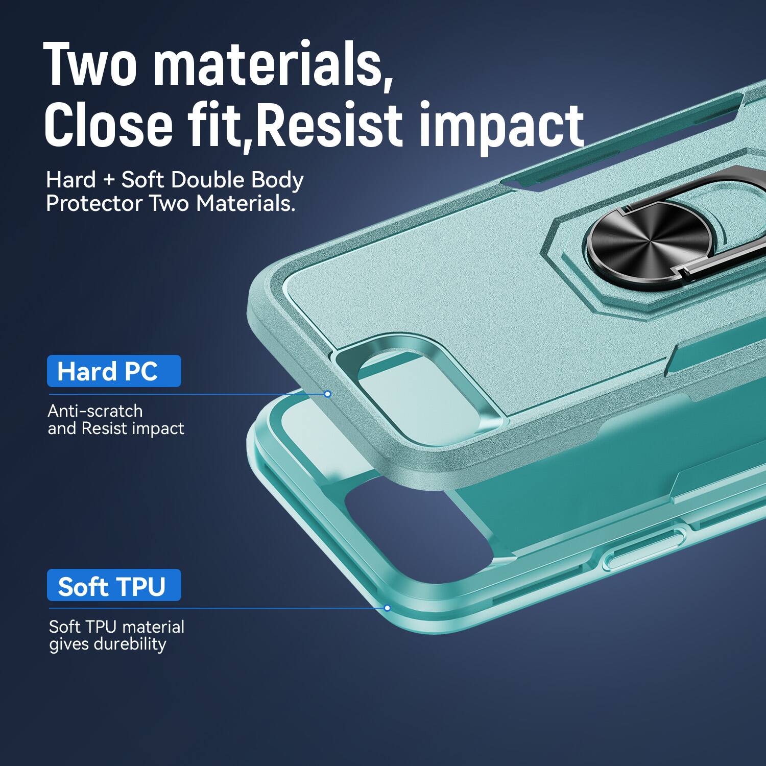 Two materials, Close fit, Resist impact  
Hard + Soft Double Body Protector Two Materials.  
Hard PC  
Anti-scratch and Resist impact  
Soft TPU  
Soft TPU material gives durability