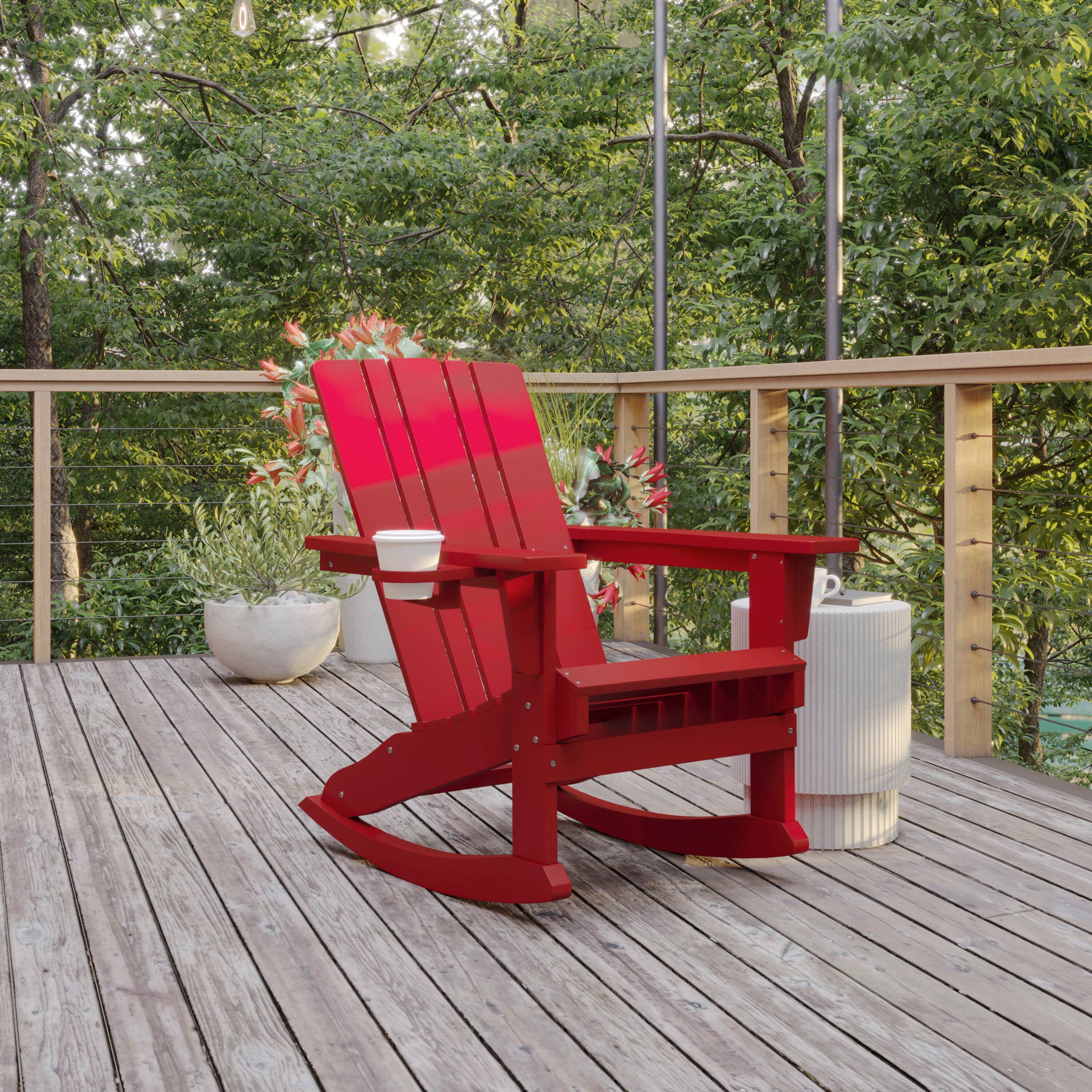 Alt View 1. Flash Furniture - Halifax Adirondack Rocking Chair with Cup Holder, Weather Resistant HDPE Adirondack Rocking Chair in Red - Red.
