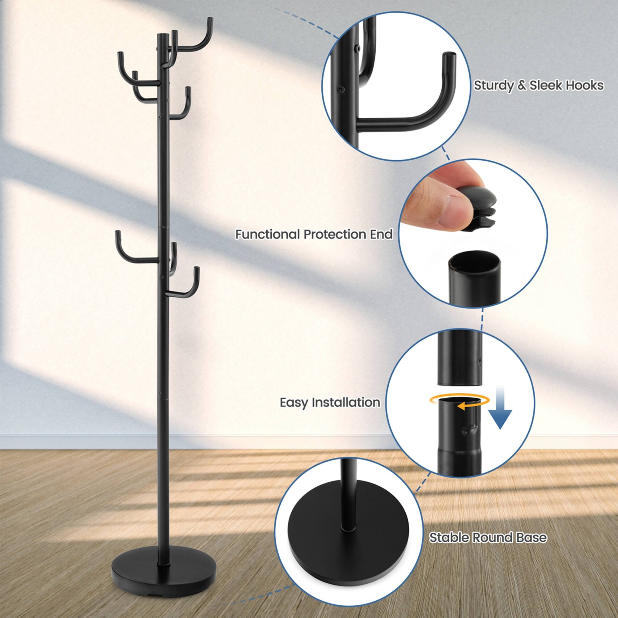 Sturdy & Sleek Hooks, Functional Protection End, Easy Installation, Stable Round Base