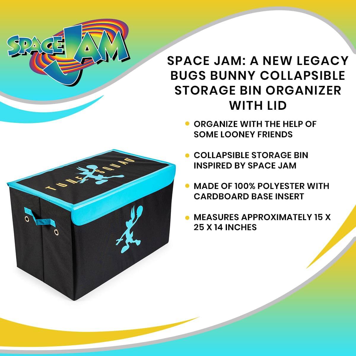 SPACE JAM: A NEW LEGACY  
BUGS BUNNY COLLAPSIBLE STORAGE BIN ORGANIZER WITH LID  

- ORGANIZE WITH THE HELP OF SOME LOONEY FRIENDS  
- COLLAPSIBLE STORAGE BIN INSPIRED BY SPACE JAM  
- MADE OF 100% POLYESTER WITH CARDBOARD BASE INSERT  
- MEASURES APPROXIMATELY 15 X 25 X 14 INCHES
