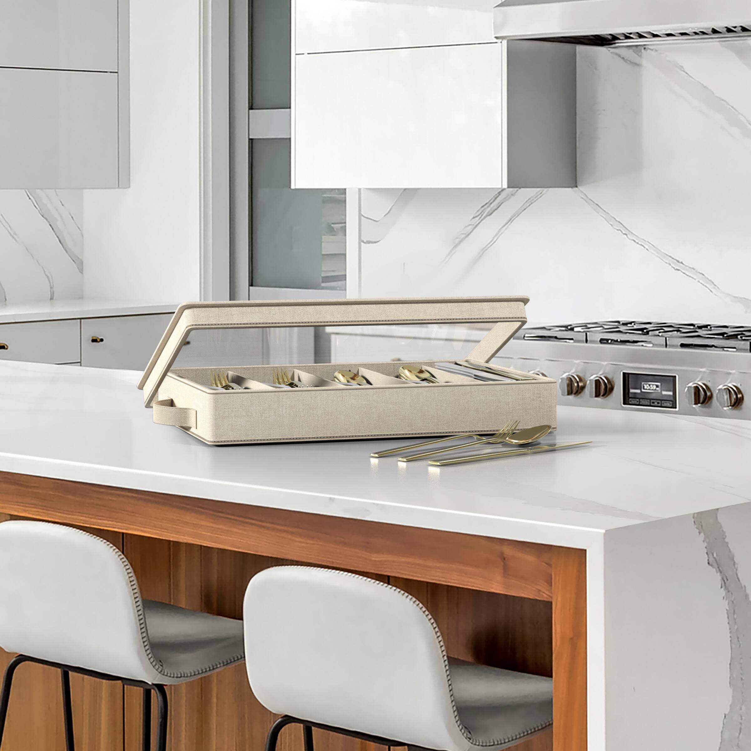 Alt View 2. Sorbus - Sorbus Flatware Storage Case with Clear Lid, Fabric Container Box for Organizing Utensils, Silverware Storage Chest - Beige.