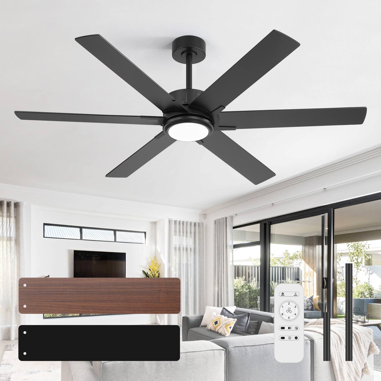 Alt View 10. Breezary - 60-In LED Ceiling Fan with Light, 6 Plywood Blades, 6-Speed DC Motor, Remote, 3CCT, 6"/12" Downrods - 60-inch Black.
