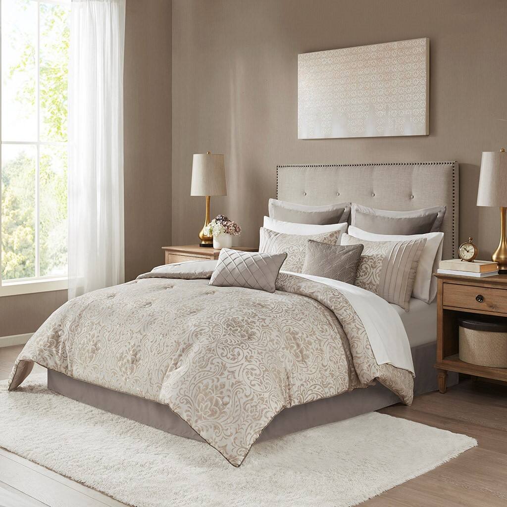 Alt View 1. Gracie Mills - Gracie Mills Elroy 12-Piece Metallic Jacquard Comforter Set with Bed Sheets - Khaki.