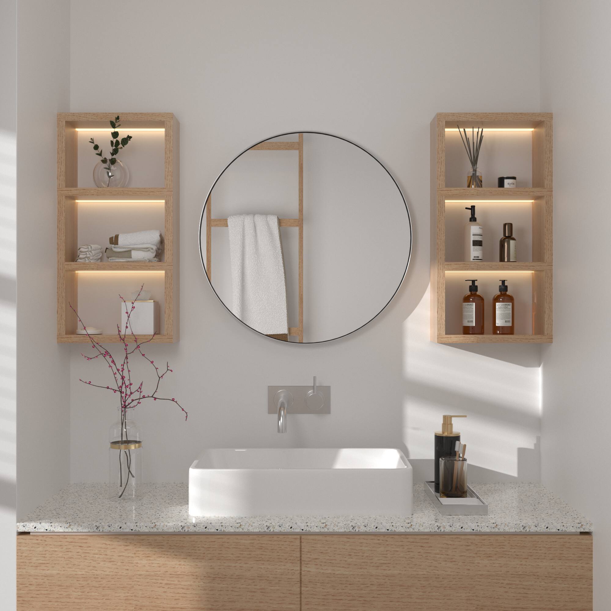 Left. PAIHOME - 36 Inch Round Bathroom Mirror with Brushed Stainless Steel Frame, Modern Wall Mirror for Entryway & Living Room - Silver.