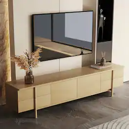 luck idea - Medieval Modern Style 86.8-Inch TV Stand with Solid Wood Handles & Feet, Soft-Close Hinges + Cable Management Holes - Natural Color