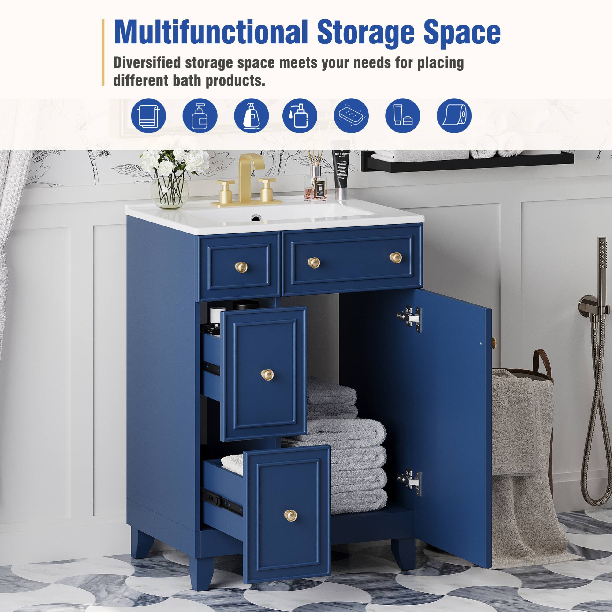 Multifunctional Storage Space  
Diversified storage space meets your needs for placing different bath products.