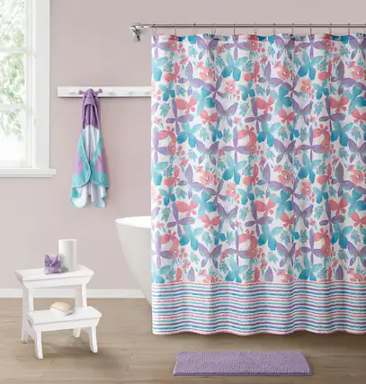 Front. Kate Aurora - Kate Aurora Montauk Accents Complete 5 Piece Juvi Butterfly Themed Fabric Shower Curtain Bathroom Set - Purple.