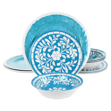 Front. Elama - Elama Telly 12 Piece Melamine Dinnerware Set in Teal - Blue.