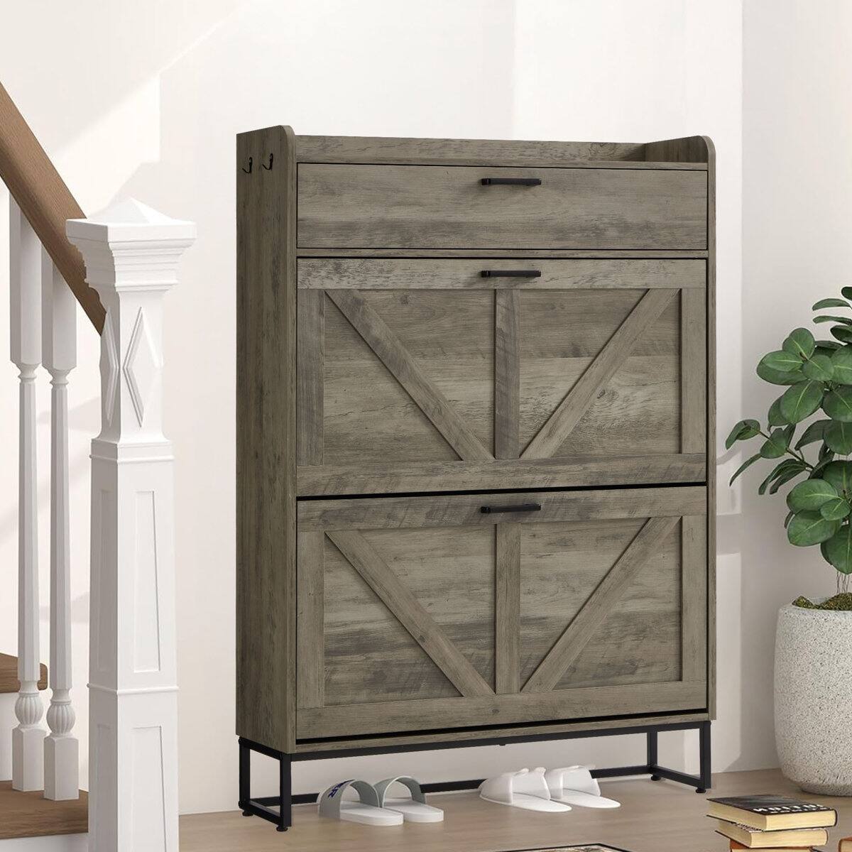Alt View 6. U-HOMY - Shoe Storage Cabinet with 2 Flip Drawers, Freestanding Entryway Organizer with Adjustable Shelves and Side Hooks - Oak Gray.