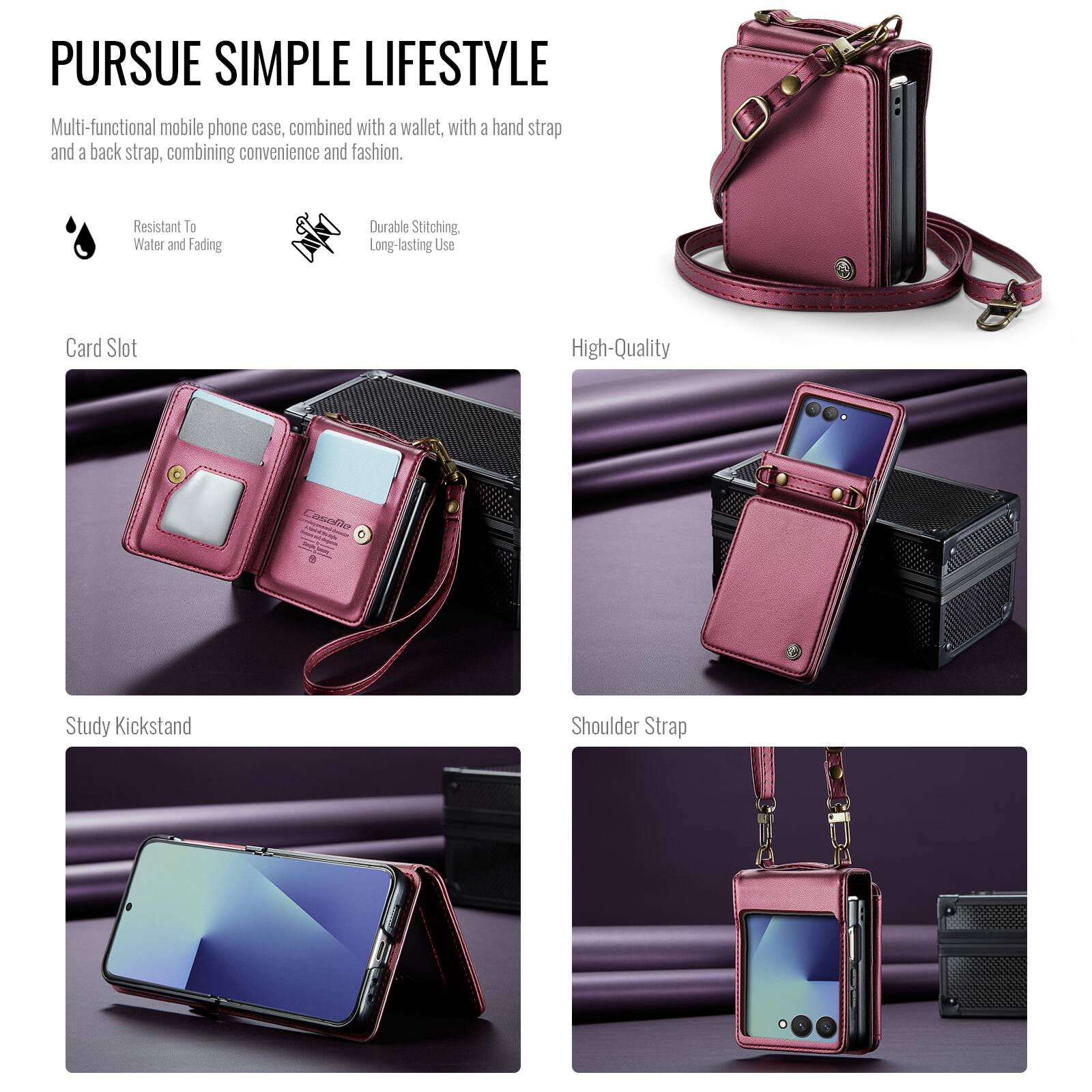 PURSUE SIMPLE LIFESTYLE

Multi-functional mobile phone case, combined with a wallet, with a hand strap and a back strap, combining convenience and fashion.

- Resistant to Water and Fading
- Durable Stitching, Long-lasting Use
- High-Quality
- Card Slot
- Study Kickstand
- Shoulder Strap