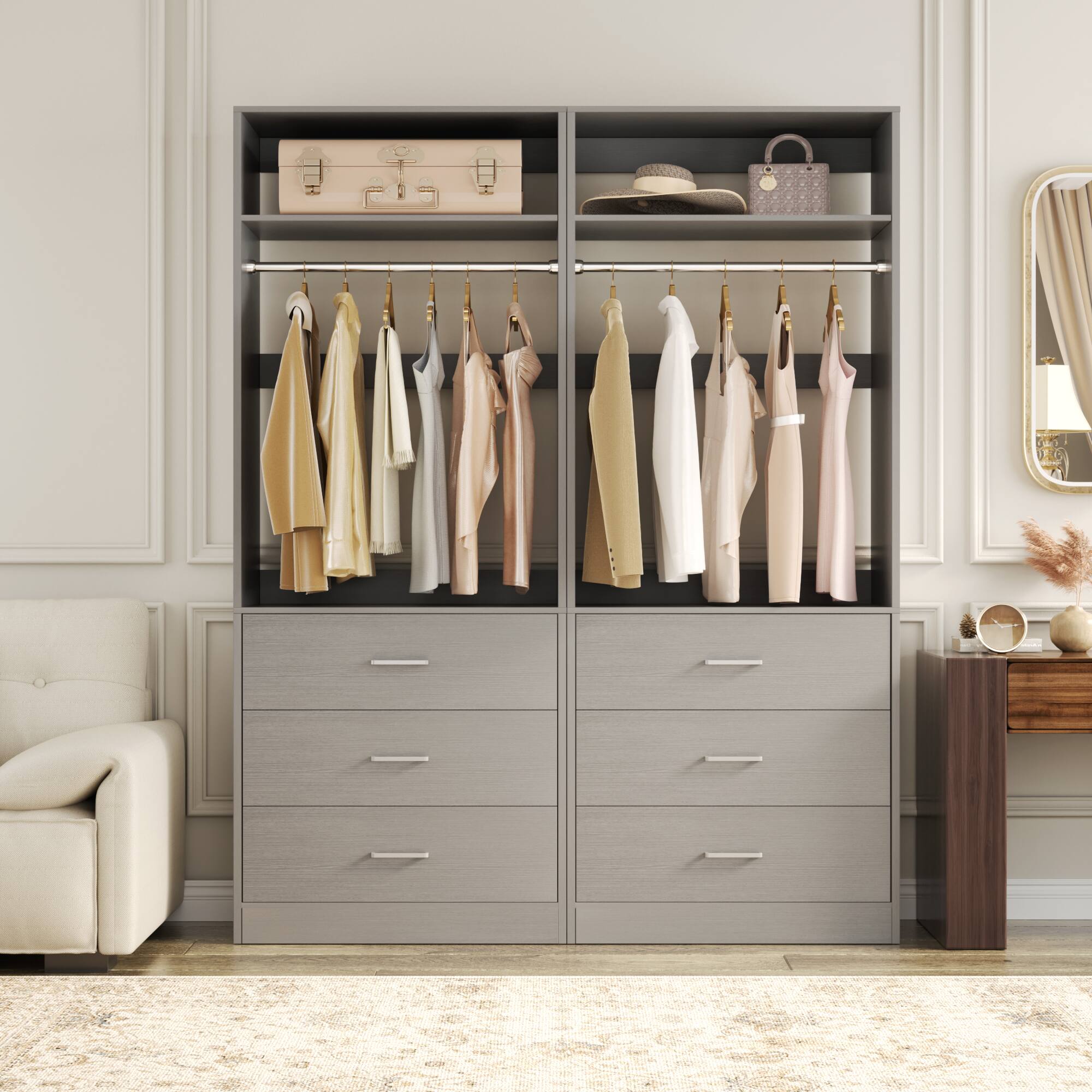 Angle. Aheaplus - 48" Set of 2 Closet Systems w/6 Wood Drawers, 2 Hanging Rods & 2 Shelves - Heavy Duty Walk-in Organizer - Gray.