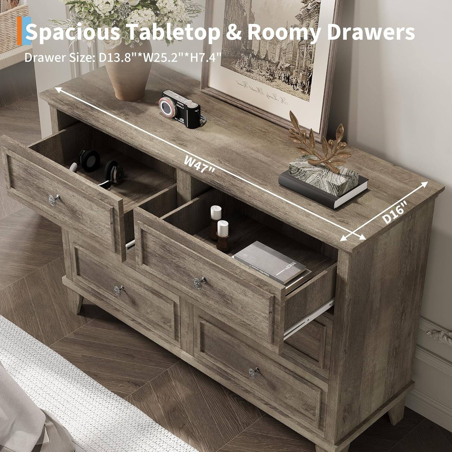 Spacious Tabletop & Roomy Drawers

Drawer Size: D13.8" * W25.2" * H7.4"

W47" D16"