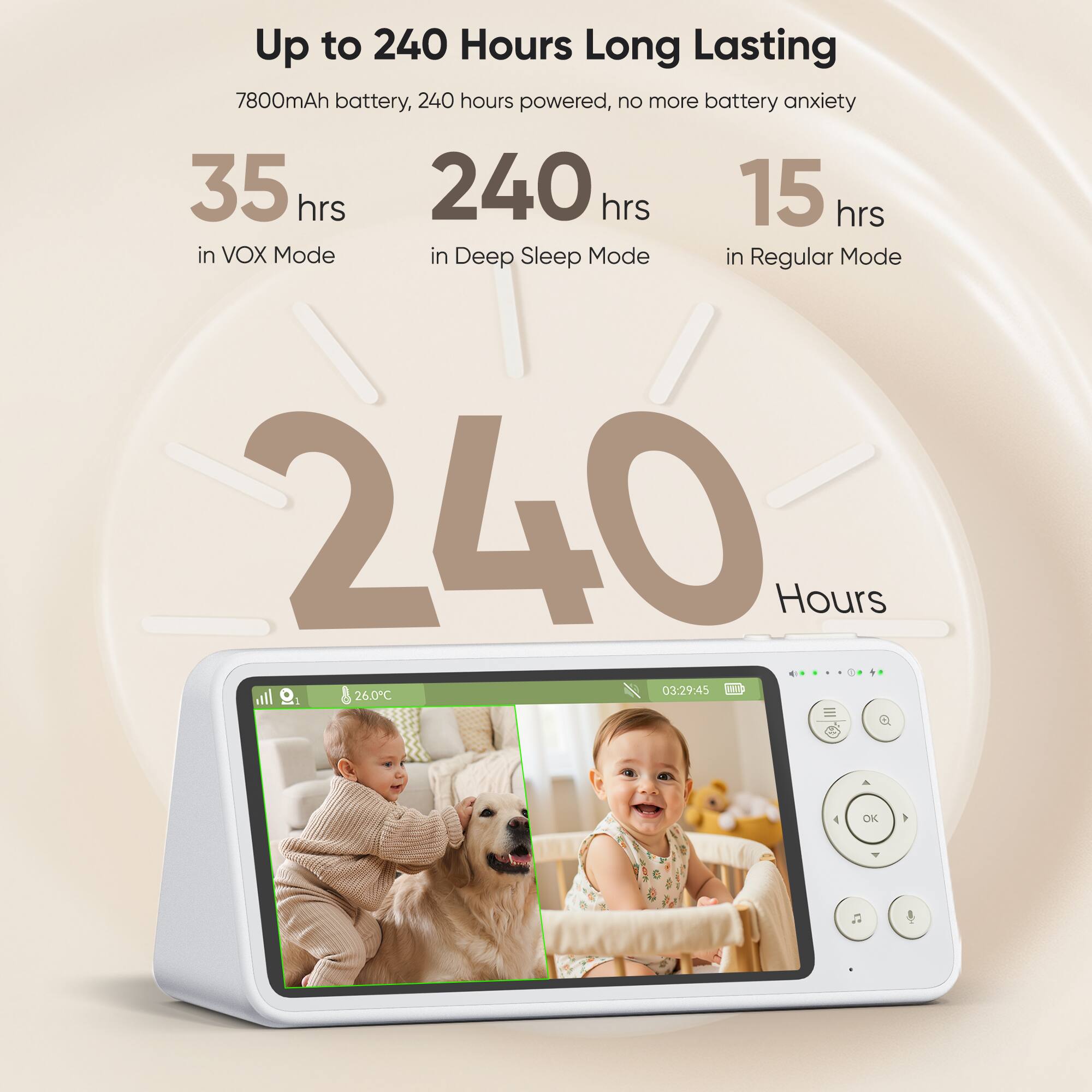 Up to 240 Hours Long Lasting  
7800mAh battery, 240 hours powered, no more battery anxiety  
35 hrs in VOX Mode  
240 hrs in Deep Sleep Mode  
15 hrs in Regular Mode  
240 Hours  
03:29:45  
26.0°C  
OK