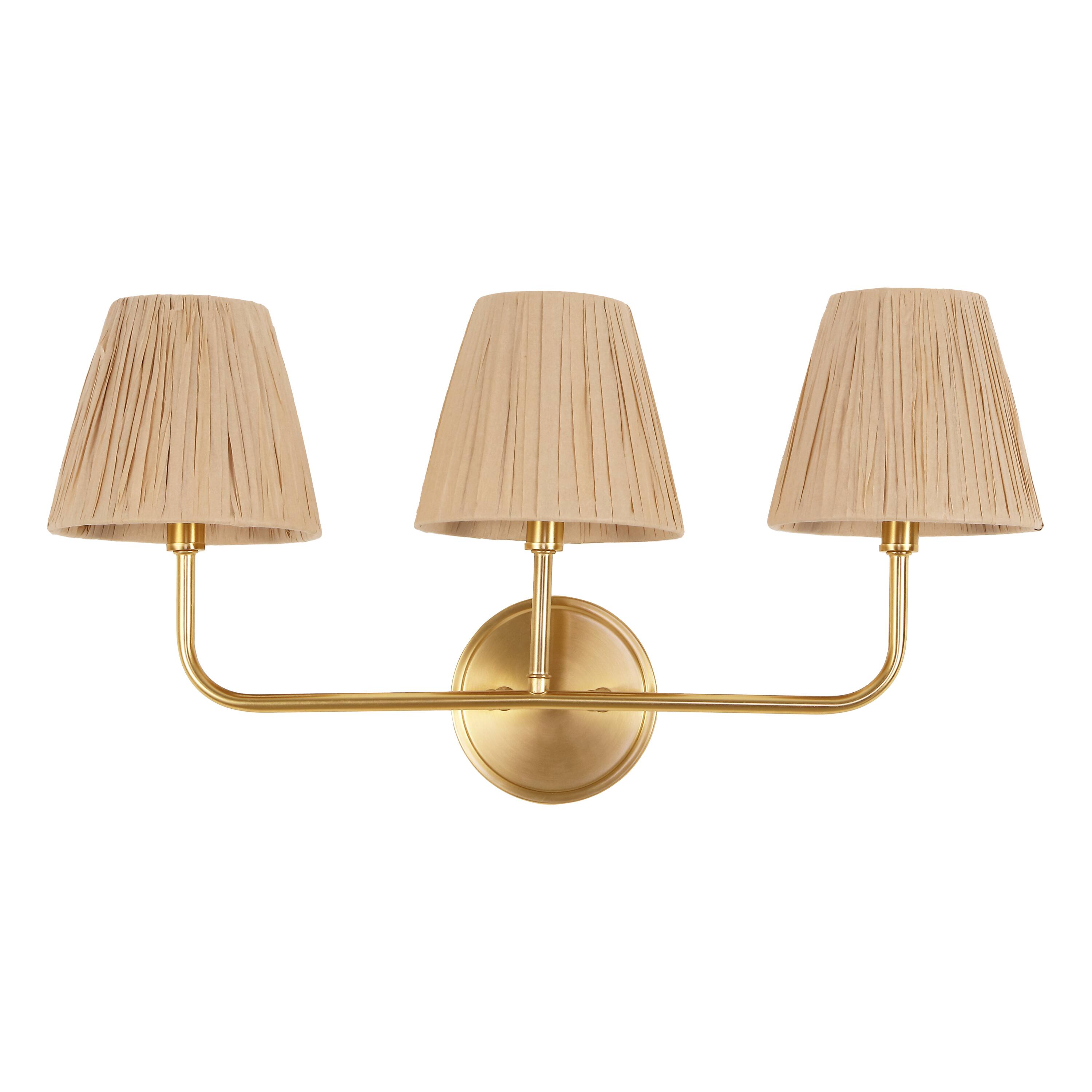 Alt View 6. Jonathan Y - Malaya 22.75" 3-Light Bohemian Coastal Metal Pleated Paper Shade LED Vanity Light, Beige/Brass Gold - Brass Gold/Beige.