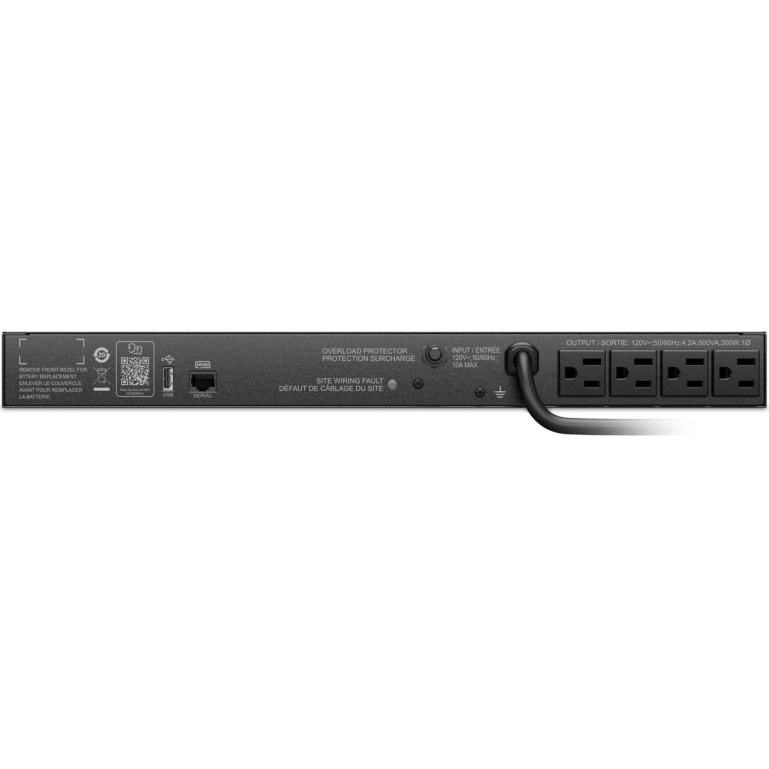 REMOVE FRONT BEZEL FOR BATTERY REPLACEMENT  
ENLEVER L'ABAT-JOIE POUR REMPLACER LA BATTERIE  

OVERLOAD PROTECTOR  
PROTECTION SURCHARGE  

WIRING FAULT  
DEFAUT DE CABLAGE  

INPUT/ENTRÉES  
120V~±5%/60Hz +2.5A,500VA  

OUTPUT/SORTIE  
120V~±5%/60Hz  
10A MAX  

SITE WIRING FAULT  
DEFAUT DE CABLAGE DU SITE  

OUTPUT/SORTIE  
120V~±5%/60Hz +2.5A,500VA  
3000W/10