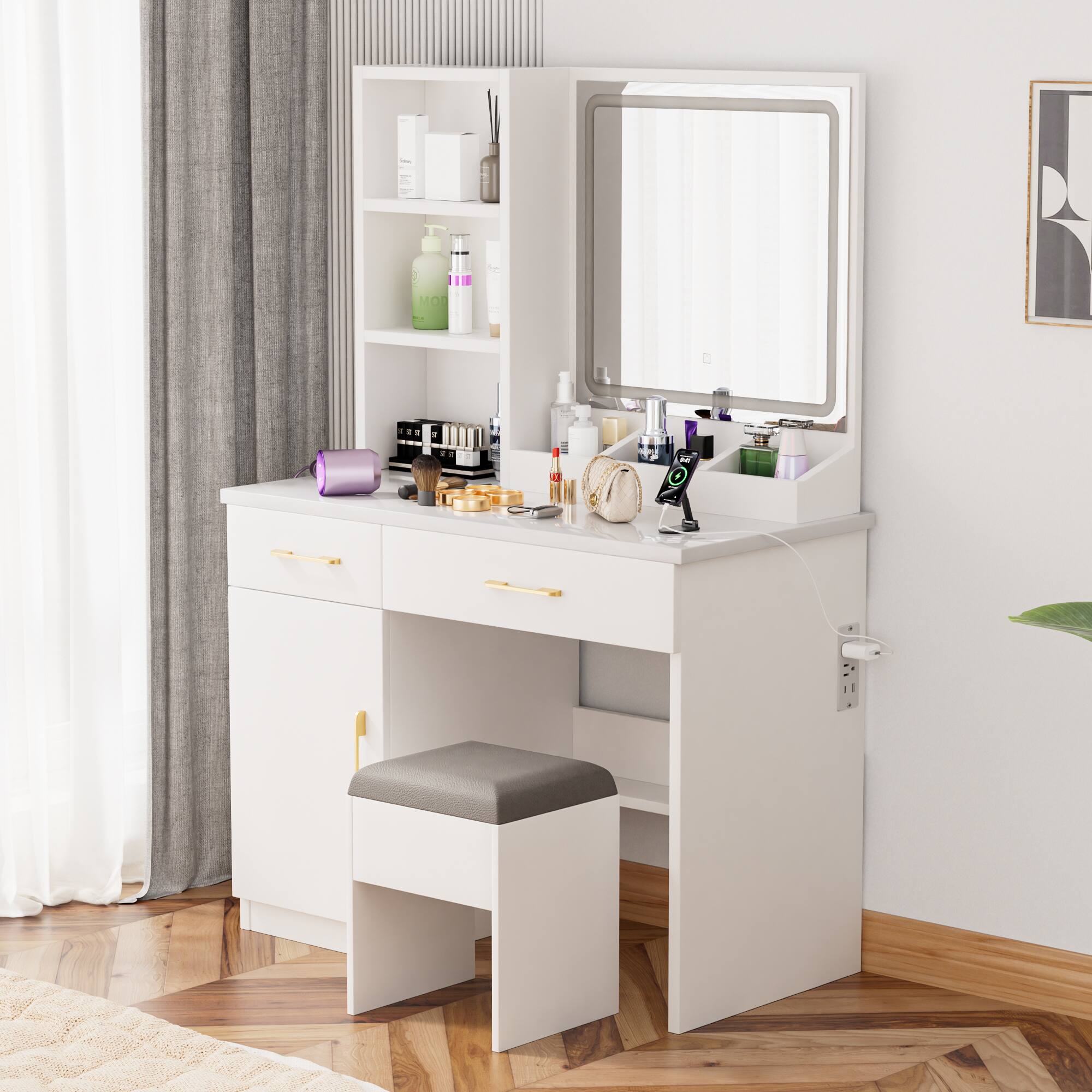 Alt View 1. Ecooso - 32" Makeup Vanity Desk with Lighted Mirror, Power Outlet, Large Storage & Cushioned Stool - White.