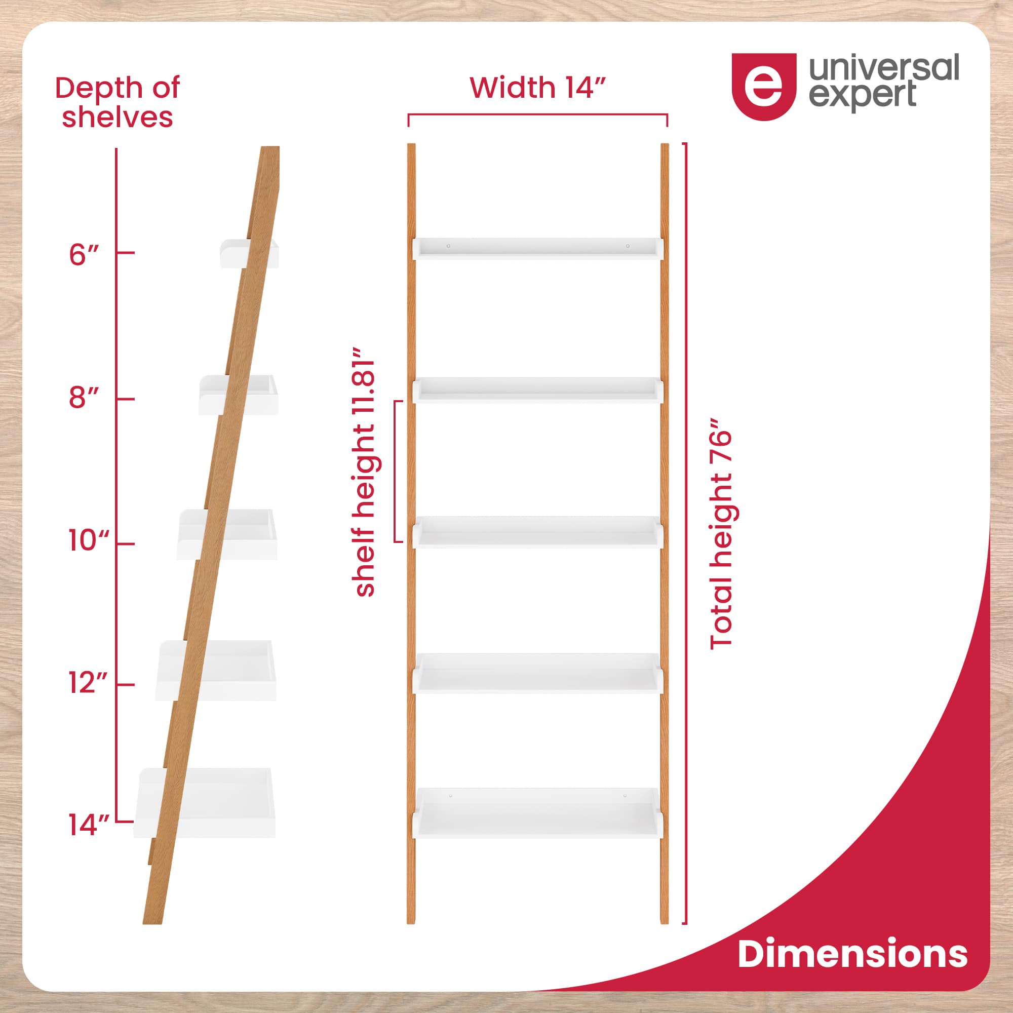 The image shows a wooden ladder with a shelf on top, and it is accompanied by a diagram that provides dimensions for the ladder and shelf. The ladder is 14 inches wide, and the shelf is 11.81 inches high. The total height of the ladder and shelf is 76 inches. The diagram also includes a depth measurement for the shelves, which is 12 inches.