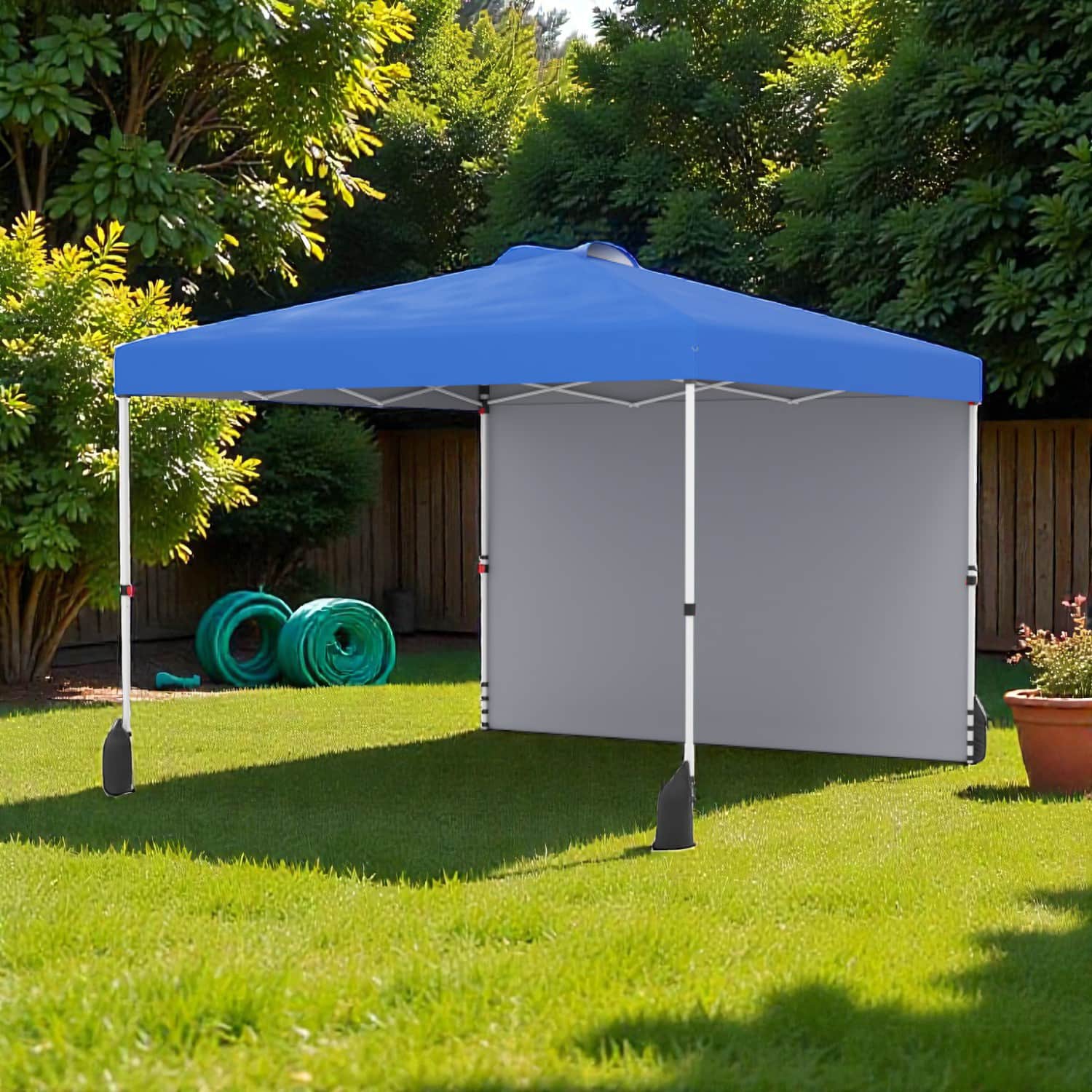 Hivvago - 10 x 10 Ft Quick Assembly Outdoor Canopy with One Wall and Wheeled Carry Case - Blue