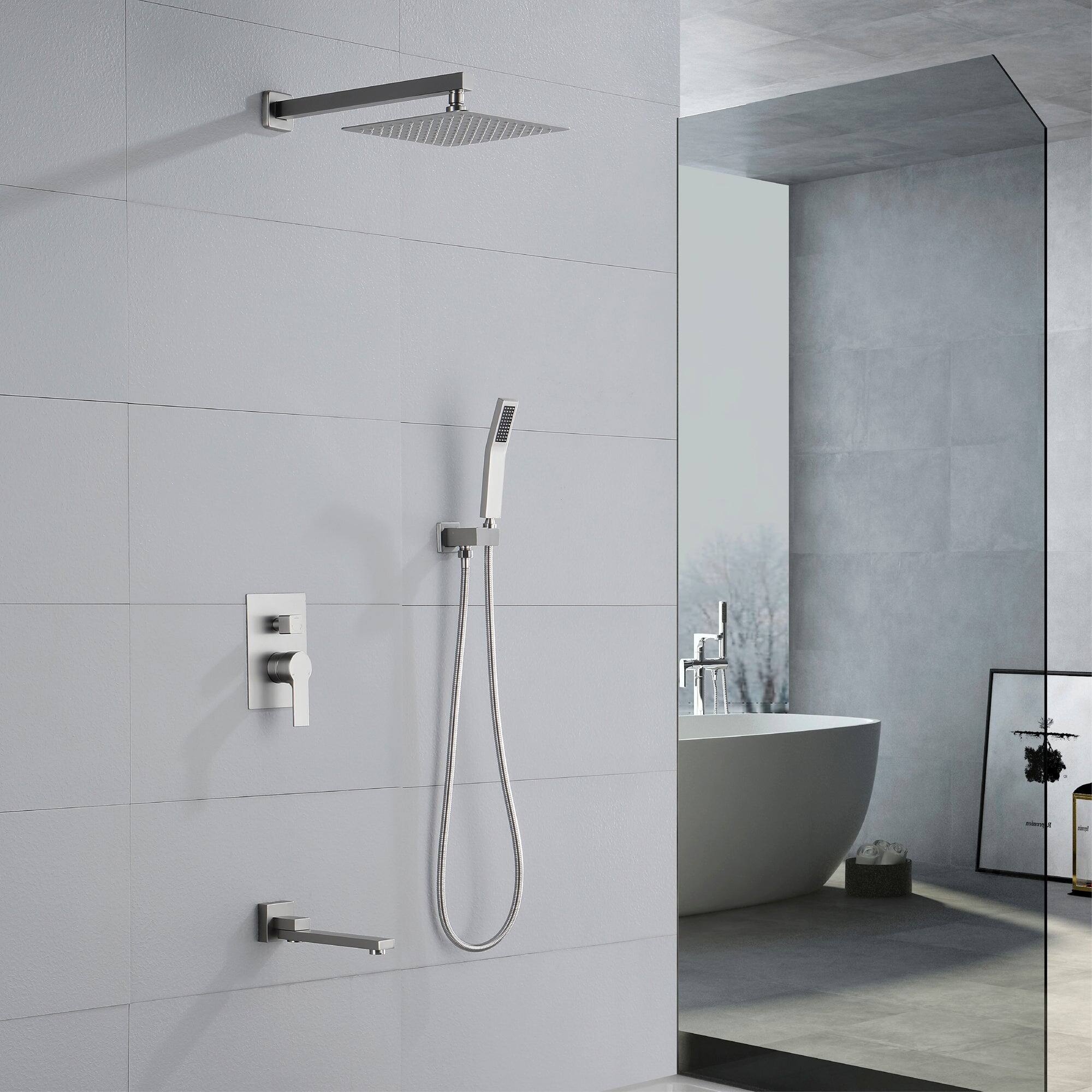 Alt View 9. Boyel Living - Wall Mount Single Handle Tub and Shower Faucet with Fixed Shower in Brushed Nickel 12 Inch Valve Included - Brushed Nickel.