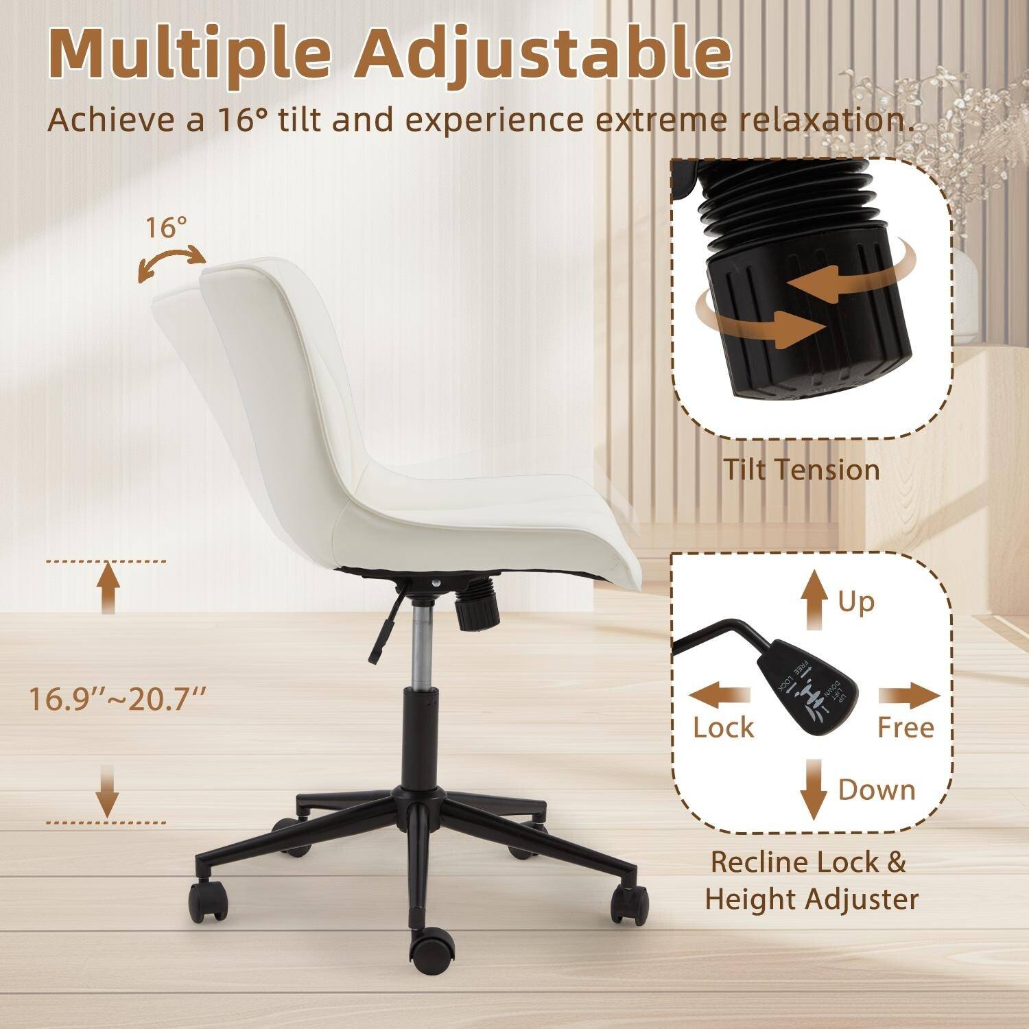Multiple Adjustable  
Achieve a 16° tilt and experience extreme relaxation.  

16° Tilt Tension  
16.9" ~ 20.7"  

Lock & Height Adjuster  
Recline Lock & Height Adjuster