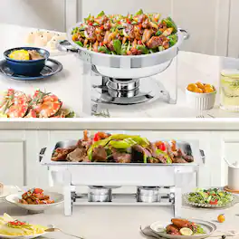 GARVEE - 2 Pack Chafing Dish Buffet Set, 8 Qt Rectangle & 5 Qt Round Stainless Steel Chafers and Food Warmer Sets with Lid - Silver