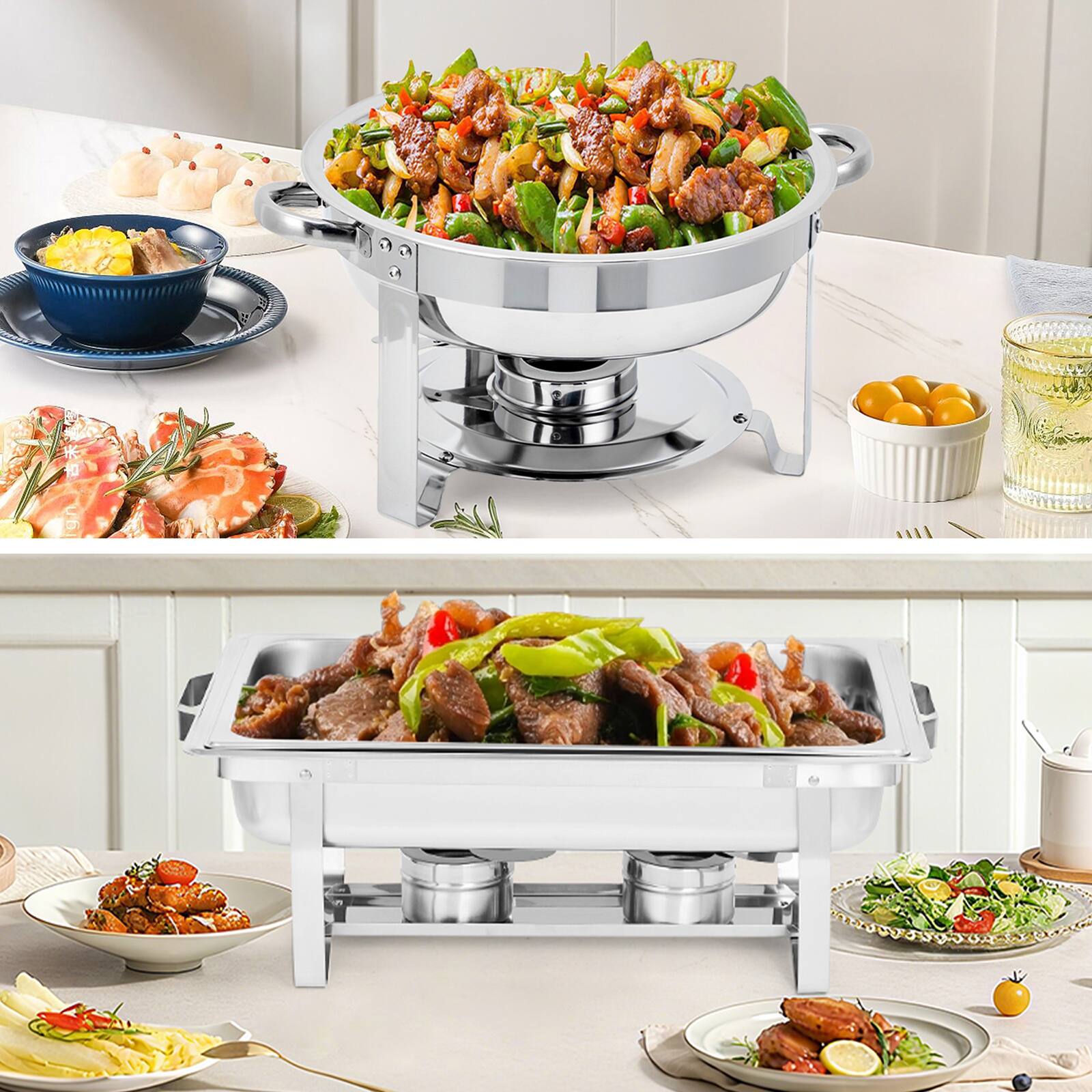 Front. GARVEE - 2 Pack Chafing Dish Buffet Set, 8 Qt Rectangle & 5 Qt Round Stainless Steel Chafers and Food Warmer Sets with Lid - Silver.