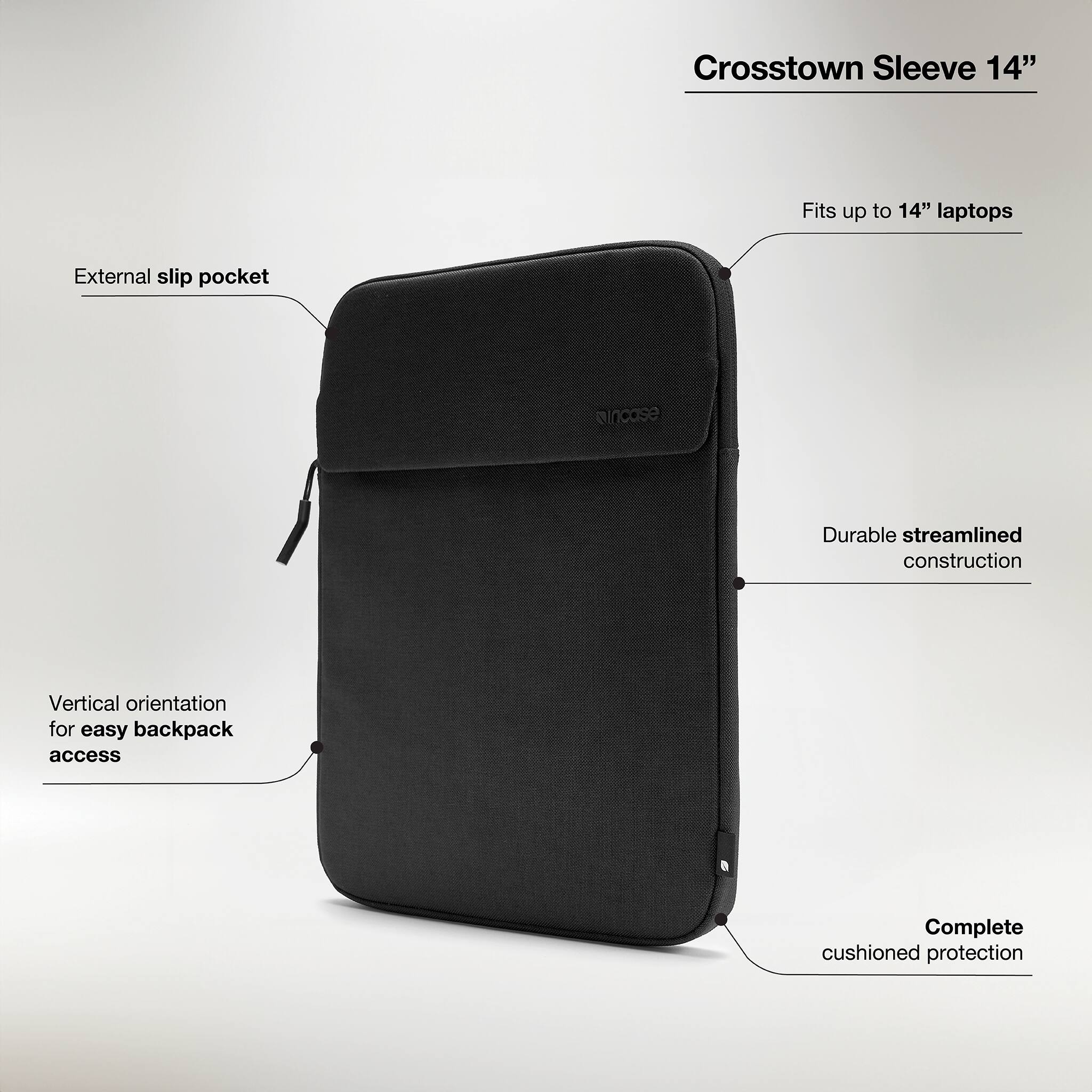 Crosstown Sleeve 14"

- Fits up to 14" laptops
- External slip pocket
- Durable streamlined construction
- Vertical orientation for easy backpack access
- Complete cushioned protection
