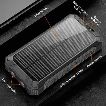 Solar Powerbank 20000mAh – Draagbare Lader Met USB-poorten, Zaklamp En Zonnepaneel, Ideaal Voor Buiten (zwart)