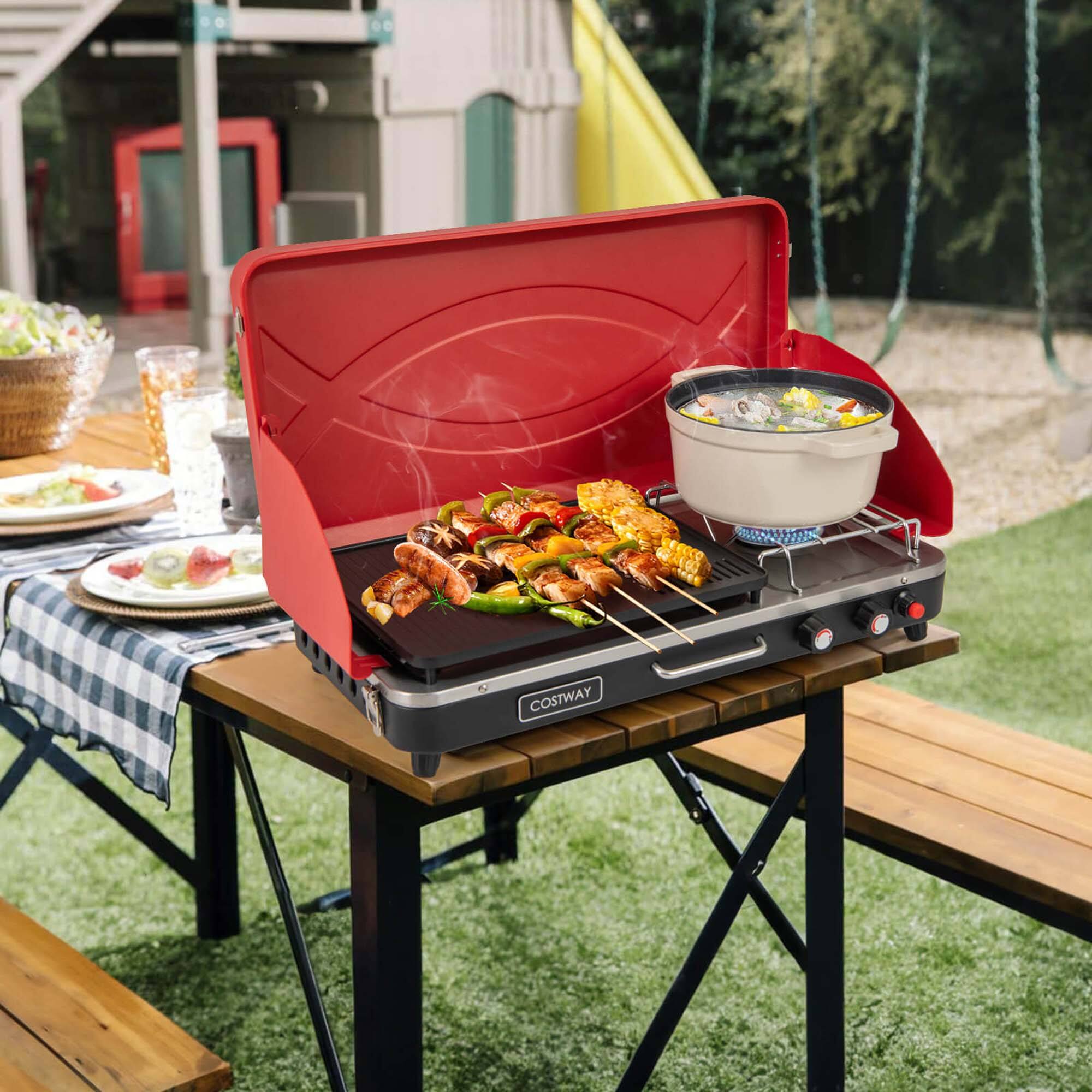 Left. Costway - 2-in-1 Propane Grill 2 Burner Camping Gas Stove Portable with Removable Leg Red - Red.
