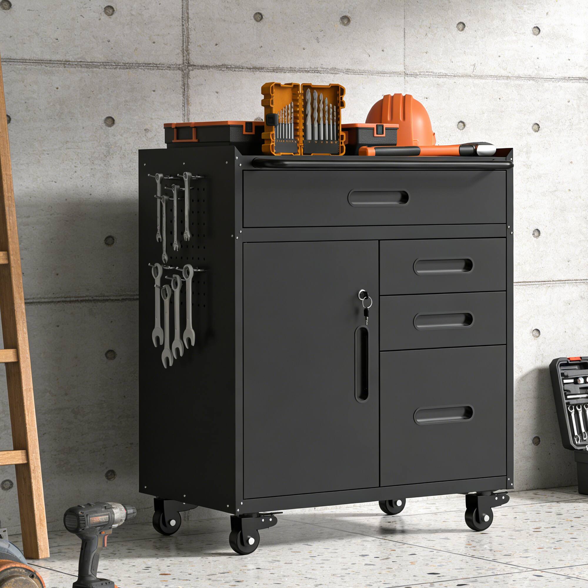 Angle. LOVMOR - 34.3 inch Mobile Tool Storage Cabinet Garage Organizer with Lockable Compartment 4 Drawers Rolling Steel Chest.