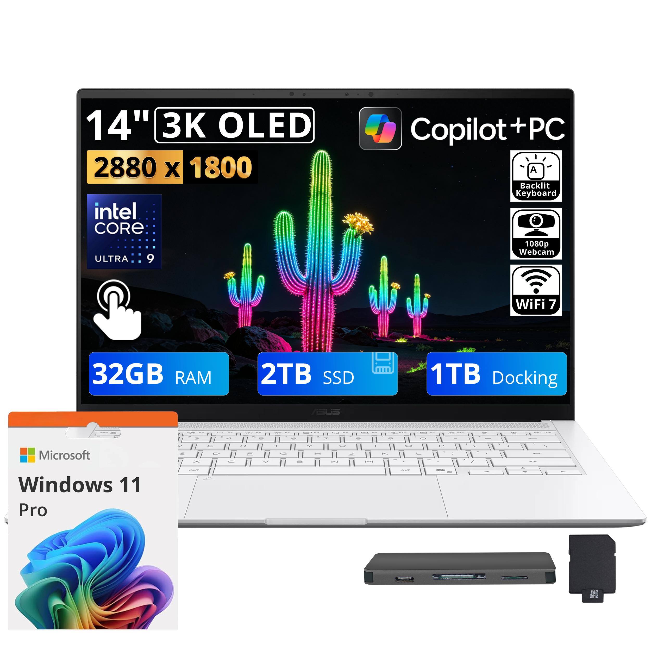 14" 3K OLED 2880 x 1800  
Intel Core Ultra 9  
Copilot + PC  
Backlit Keyboard  
1080p Webcam  
WiFi 7  
32GB RAM  
2TB SSD  
1TB Docking  
Microsoft Windows 11 Pro