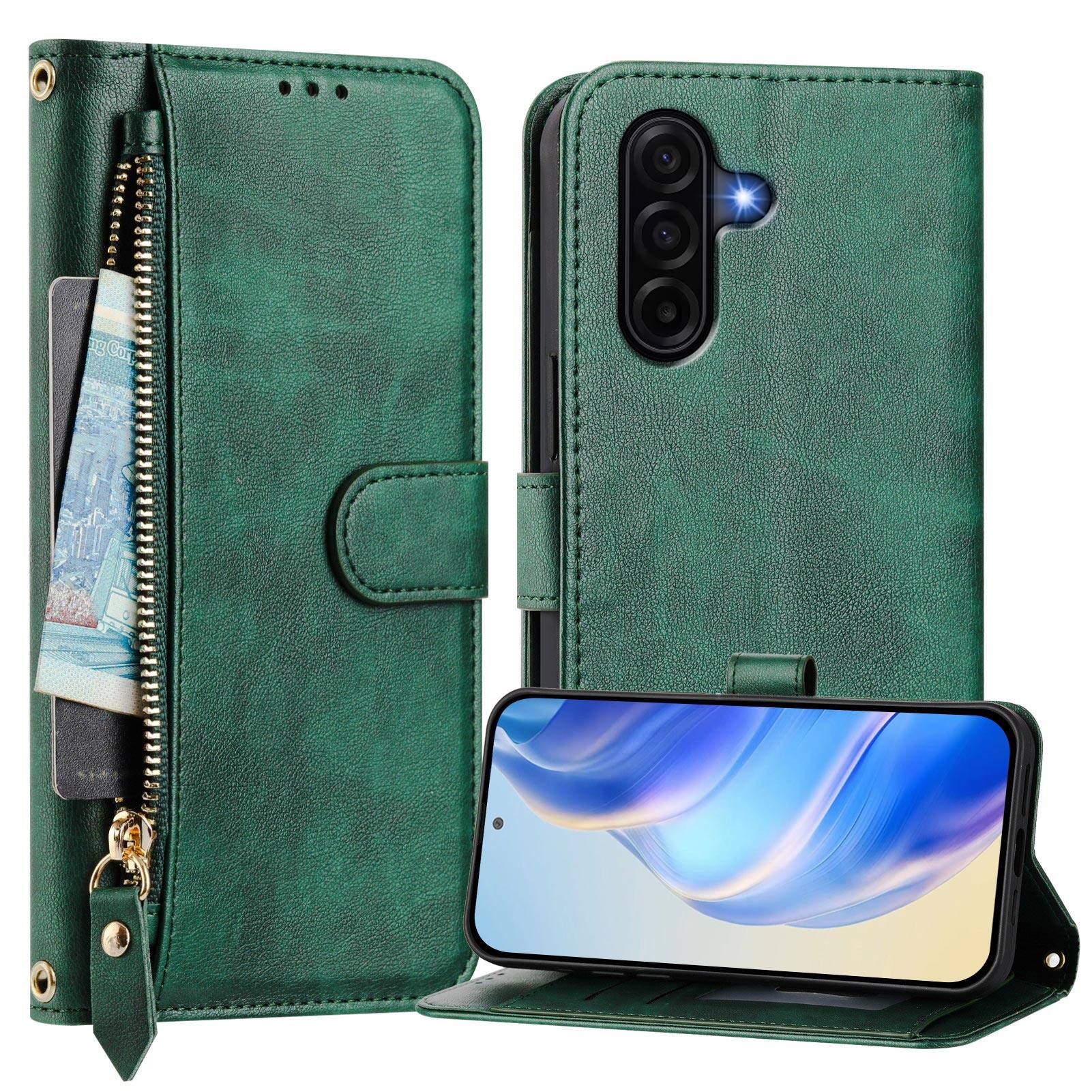Angle. UUCOVER - Zipper Wallet Case for Samsung Galaxy A17 5G Magnetic PU Leather Card Slots Stand Cover with Shoulder / Wrist Strap - Darkgreen.