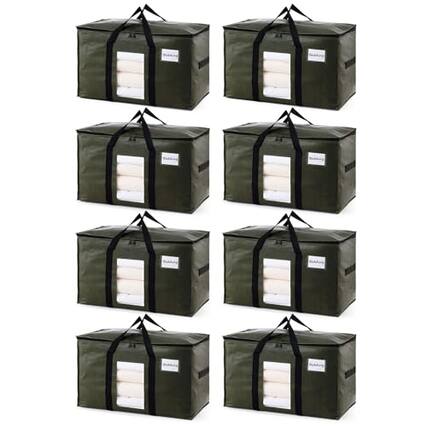Front. Vulpecula Spade - 8 Pack Green Extra Large Storage Bags, Heavy Duty Totes with Visible Window, Wrap Around Handles, Perfect for Moving - Green.