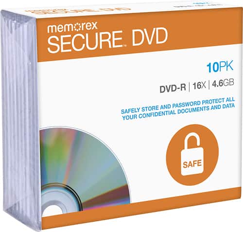 Front. Memorex - Secure 10-Pack 16x DVD-R Discs with Slimline Jewel Cases - White.