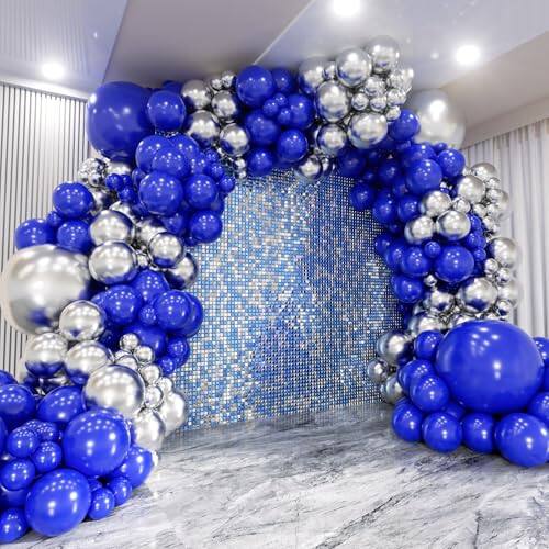 Front. Vulpecula Spade - 140Pcs Blue and Silver Balloon Garland Arch Kit - Royal Blue and Metallic Silver 18 12 10 5 Inch Different Size Balloons - Blue and Silver.