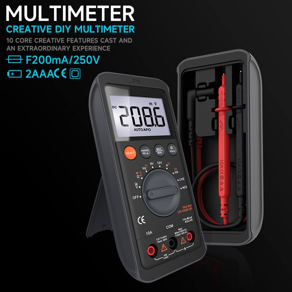MULTIMETER  
CREATIVE DIY MULTIMETER  
10 CORE CREATIVE FEATURES CAST AND AN EXTRAORDINARY EXPERIENCE  
F200mA/250V  
2AAAC€  
DC 208.6 AUTO APO  
RANGE HOLD SELECT  
10A COM  
CAT III 600V  
CE