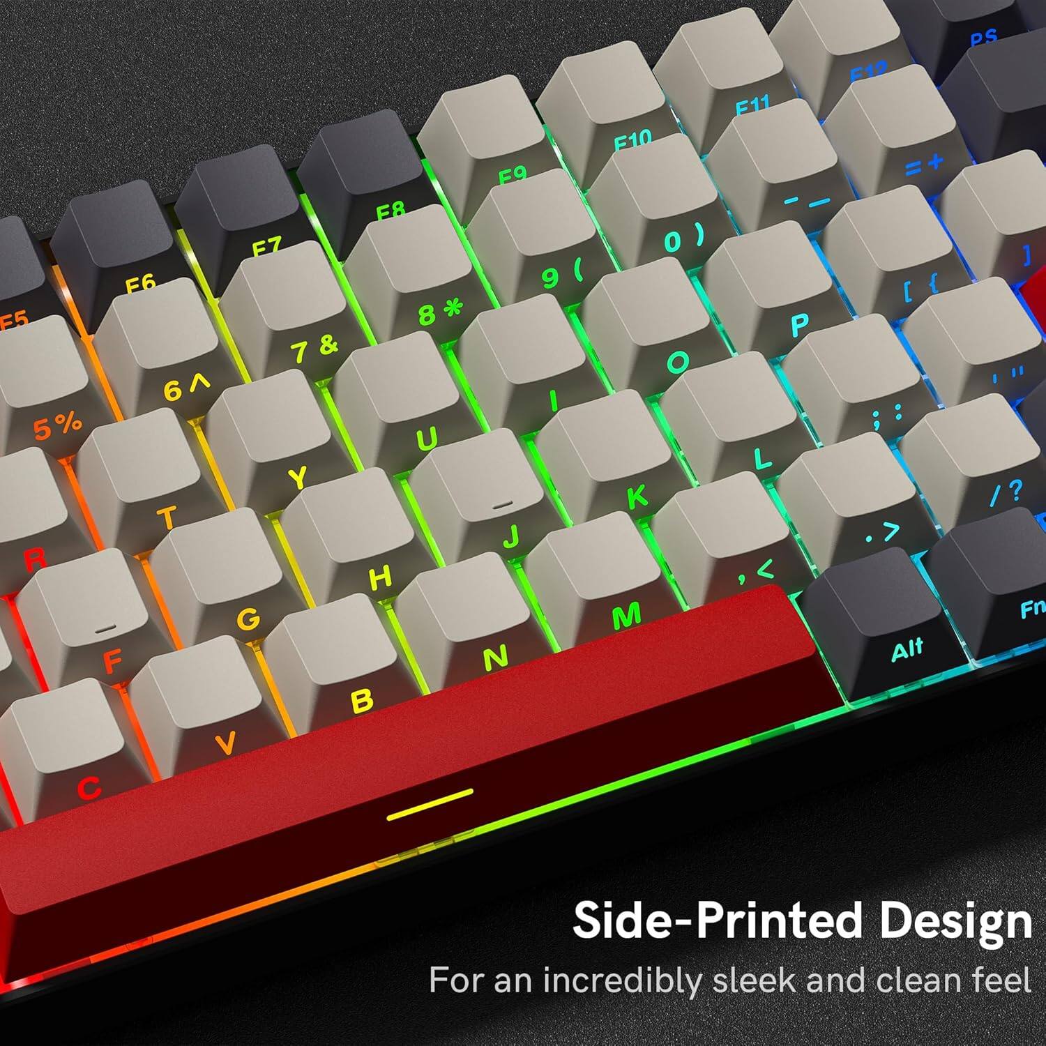 F9 F8 F7 F6 9 ( F5 8 8* 7& 7 & 6 I 5% 5 U Y T J R H G F N T  V C F10 o ) O K M F11 P L < F12 = + [ { : > Alt PS J /? / ? Fn

Side-Printed Design
For an incredibly sleek and clean feel