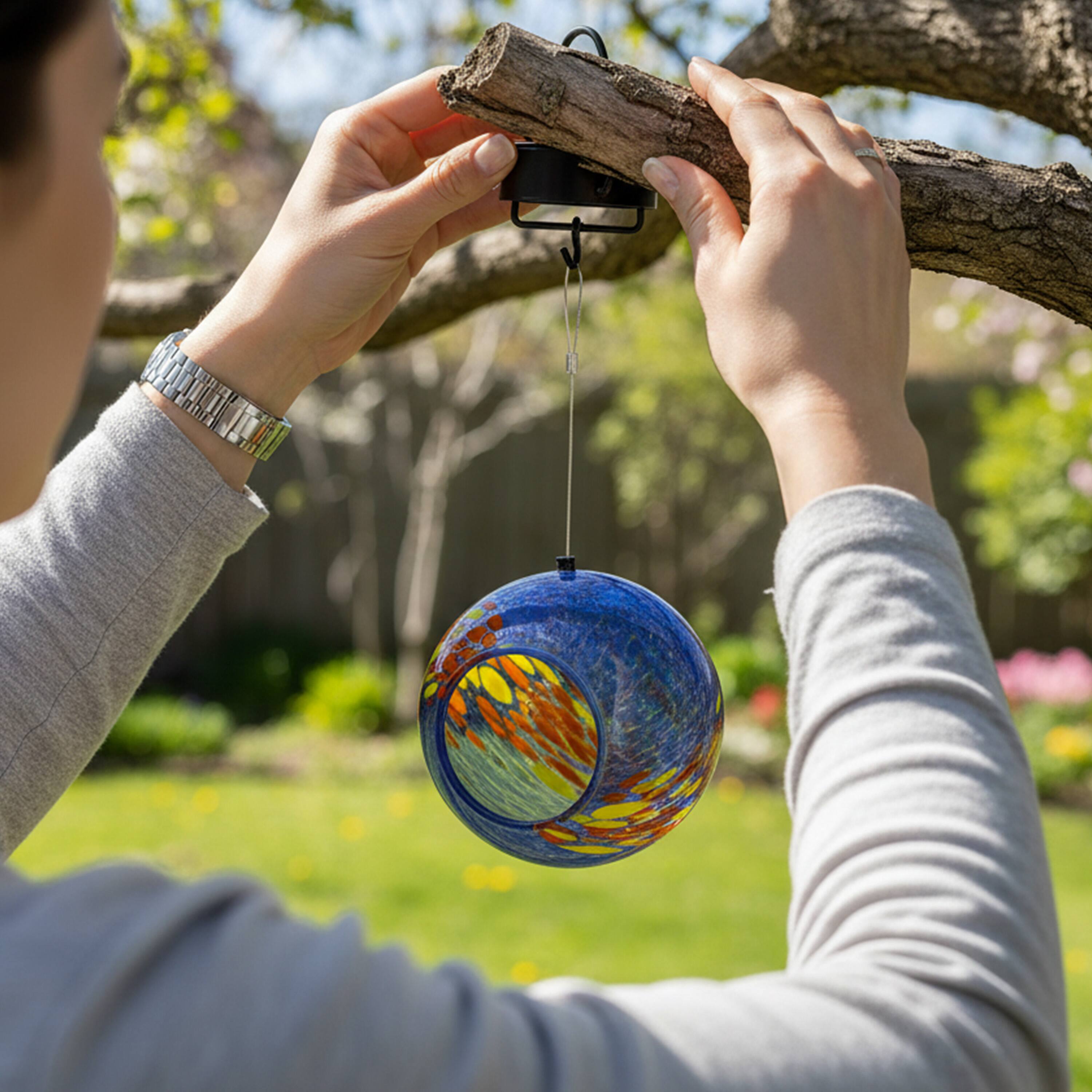 Alt View 8. Sunnydaze - Solar Glass Fly-Through Hanging Bird Feeder - 6" - Fire and Ice.
