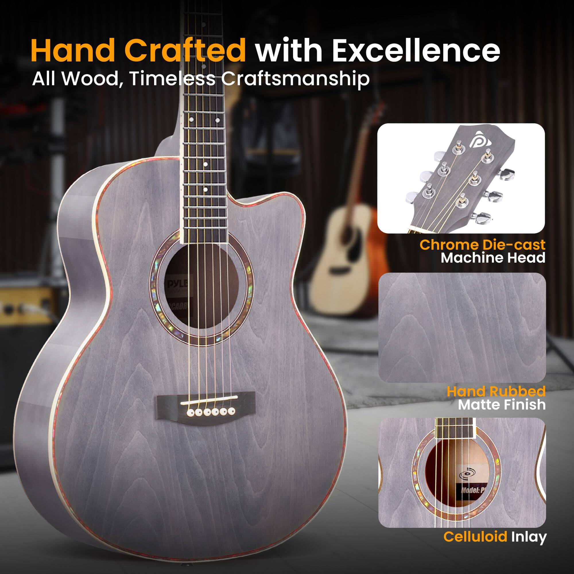 Hand Crafted with Excellence  
All Wood, Timeless Craftsmanship  

Chrome Die-cast Machine Head  

Hand Rubbed Matte Finish  

Celluloid Inlay  

Model: P