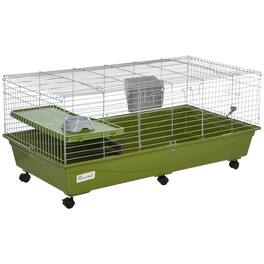 Pawhut - 35"L Small Animal Cage, Rolling Bunny Cage, Food Dish, Water Bottle, Hay Feeder, Platform, Ramp, Chinchilla
