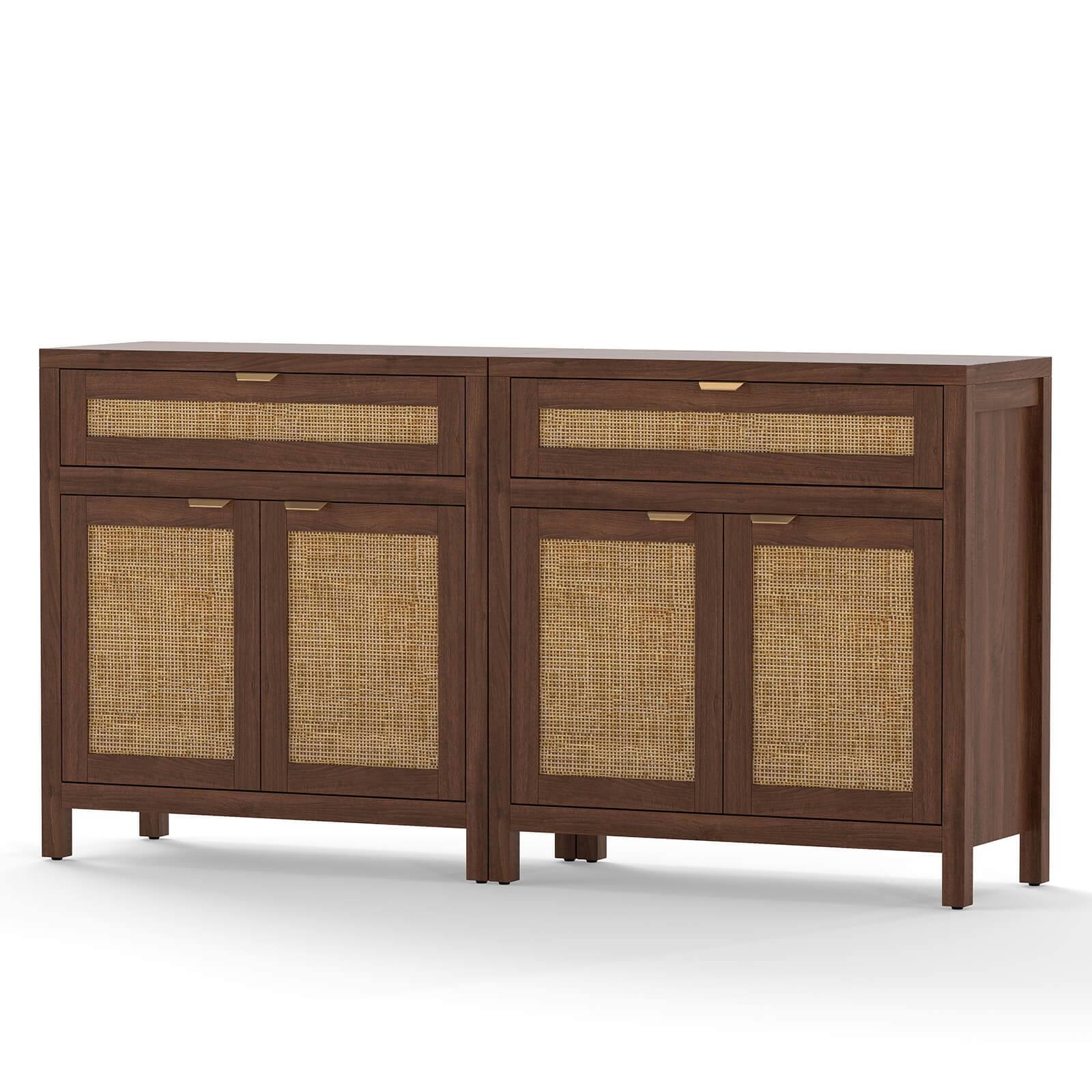 Front. Costway - Costway 2 PCS Buffet Cabinet Sideboard Storage Cabinet Rattan Doors Adjustable Shelf - Brown.