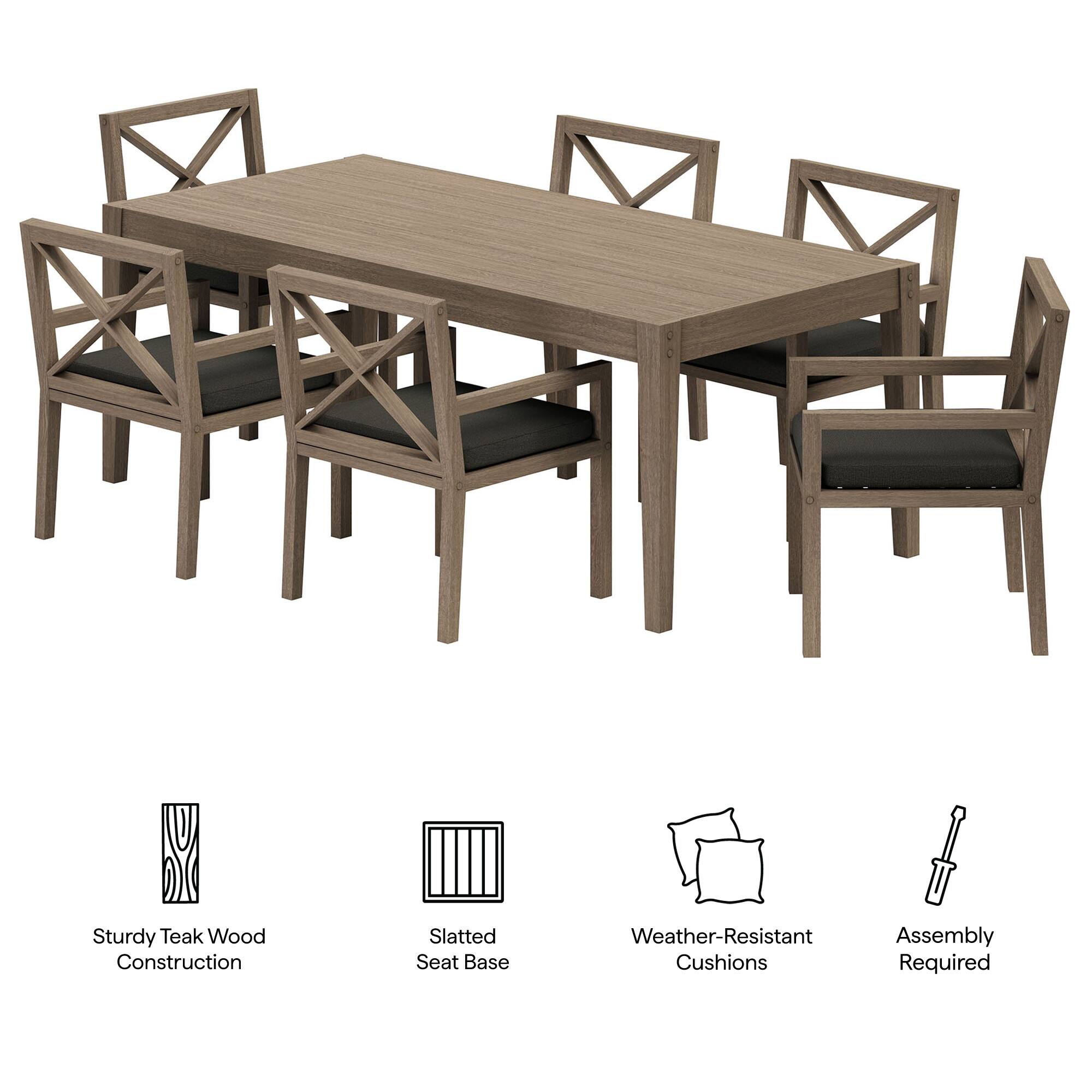 Sturdy Teak Wood Construction  
Slatted Seat Base  
Weather-Resistant Cushions  
Assembly Required
